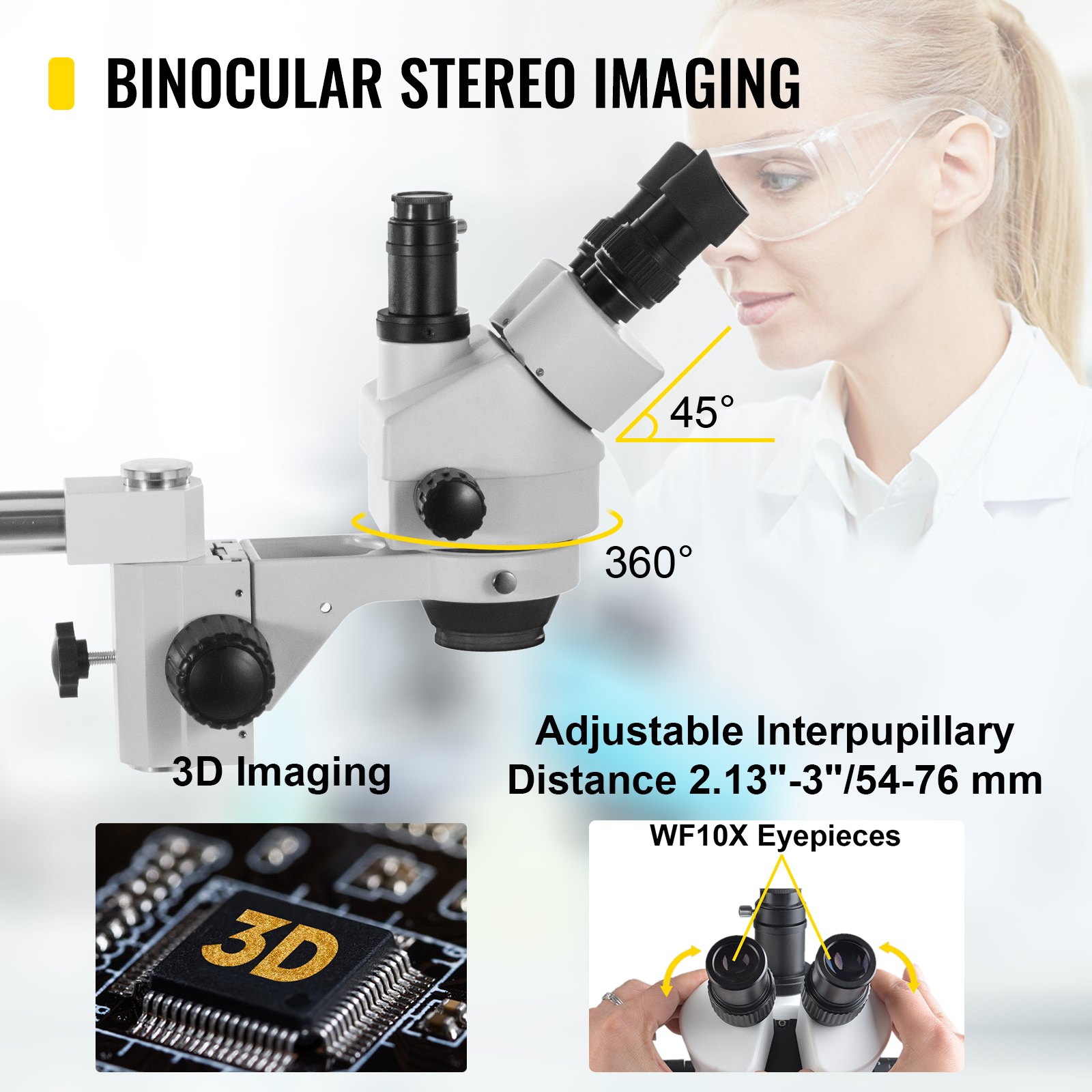 Microscopio estéreo trinocular VEVOR Microscopio con zoom de aumento 7X-45X Oculares WF10X Microscopio estéreo de laboratorio Microscopio estéreo de laboratorio con objetivo de zoom 0.7X-4.5X con luz LED y soporte de brazo único