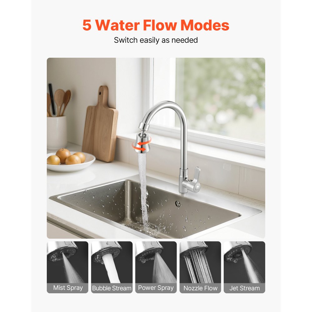 VEVOR Faucet Aerator, 360° Swivel Kitchen Sink Aerator, 5-Function 5-Flow Sink Sprayer Attachment, Bathroom Faucet Extender Head Replacement for 15/16 inch Female Thread with Adapter & 55/64 inch Male