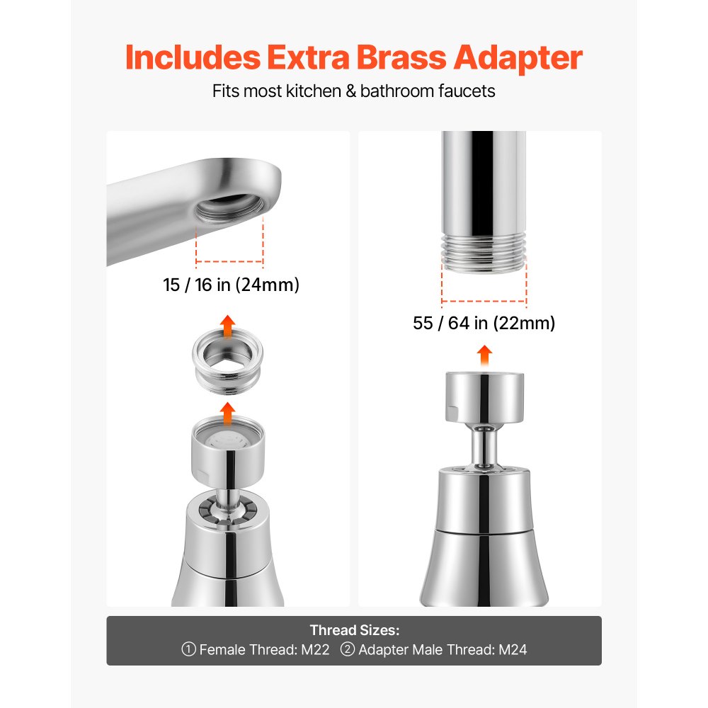 VEVOR Faucet Aerator, 360° Swivel Kitchen Sink Aerator, 5-Function 5-Flow Sink Sprayer Attachment, Bathroom Faucet Extender Head Replacement for 15/16 inch Female Thread with Adapter & 55/64 inch Male