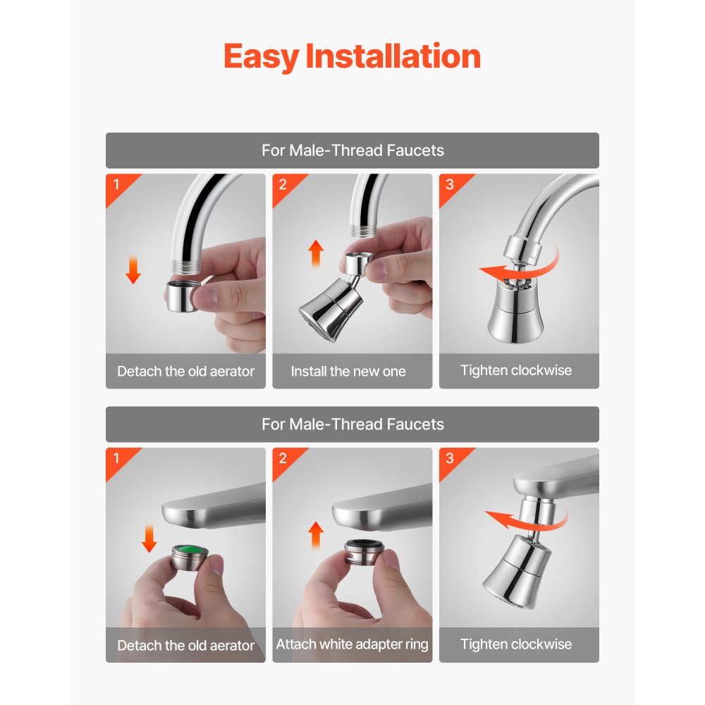 VEVOR Faucet Aerator, 360° Swivel Kitchen Sink Aerator, 5-Function 5-Flow Sink Sprayer Attachment, Bathroom Faucet Extender Head Replacement for 15/16 inch Female Thread with Adapter & 55/64 inch Male