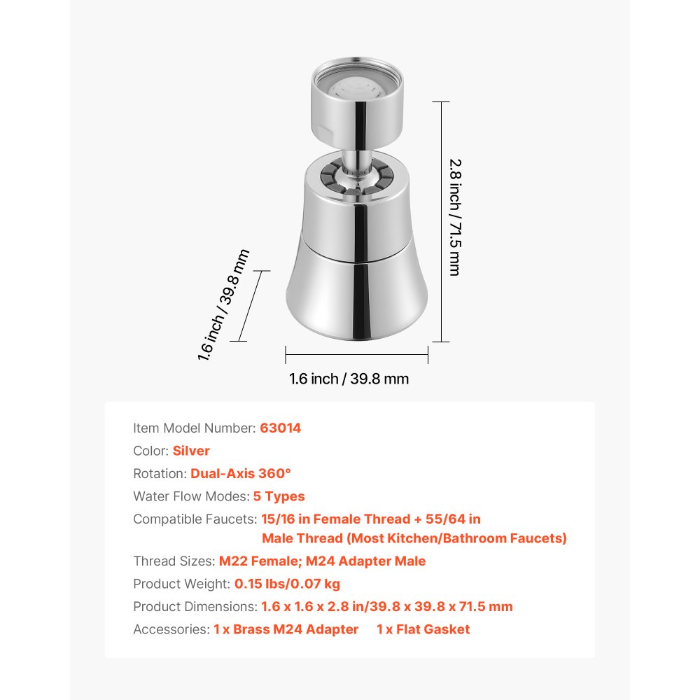 VEVOR Faucet Aerator, 360° Swivel Kitchen Sink Aerator, 5-Function 5-Flow Sink Sprayer Attachment, Bathroom Faucet Extender Head Replacement for 15/16 inch Female Thread with Adapter & 55/64 inch Male