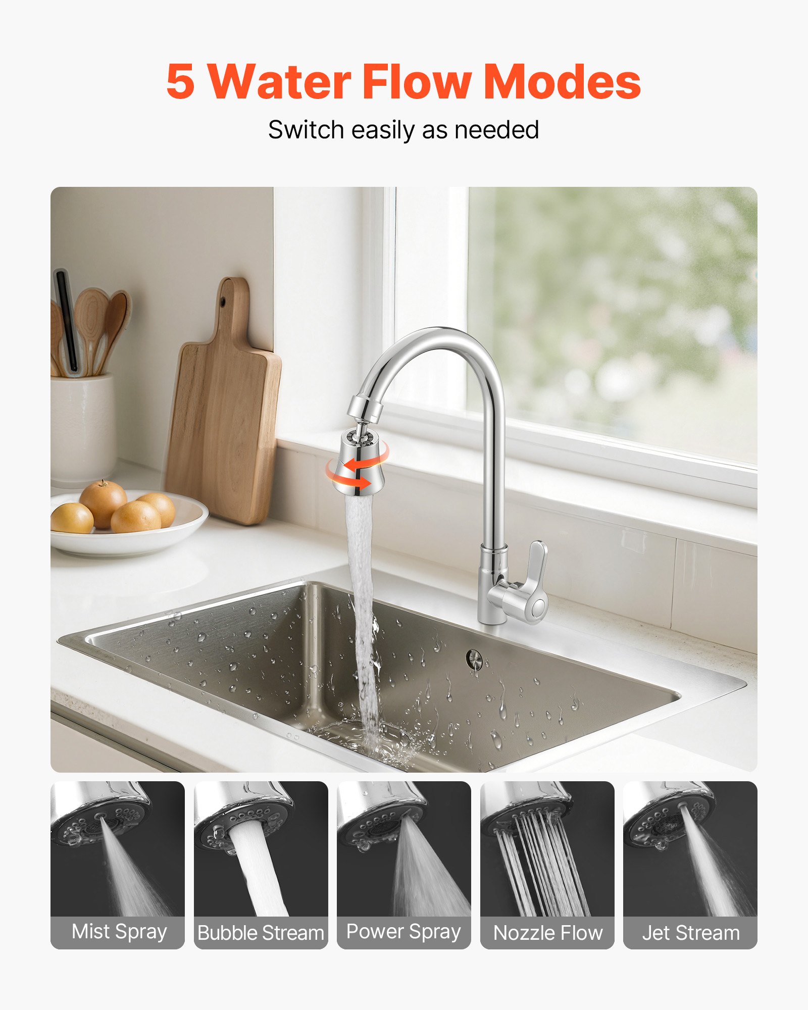 VEVOR Faucet Aerator, 360° Swivel Kitchen Sink Aerator, 5-Function 5-Flow Sink Sprayer Attachment, Bathroom Faucet Extender Head Replacement for 15/16 inch Female Thread with Adapter & 55/64 inch Male