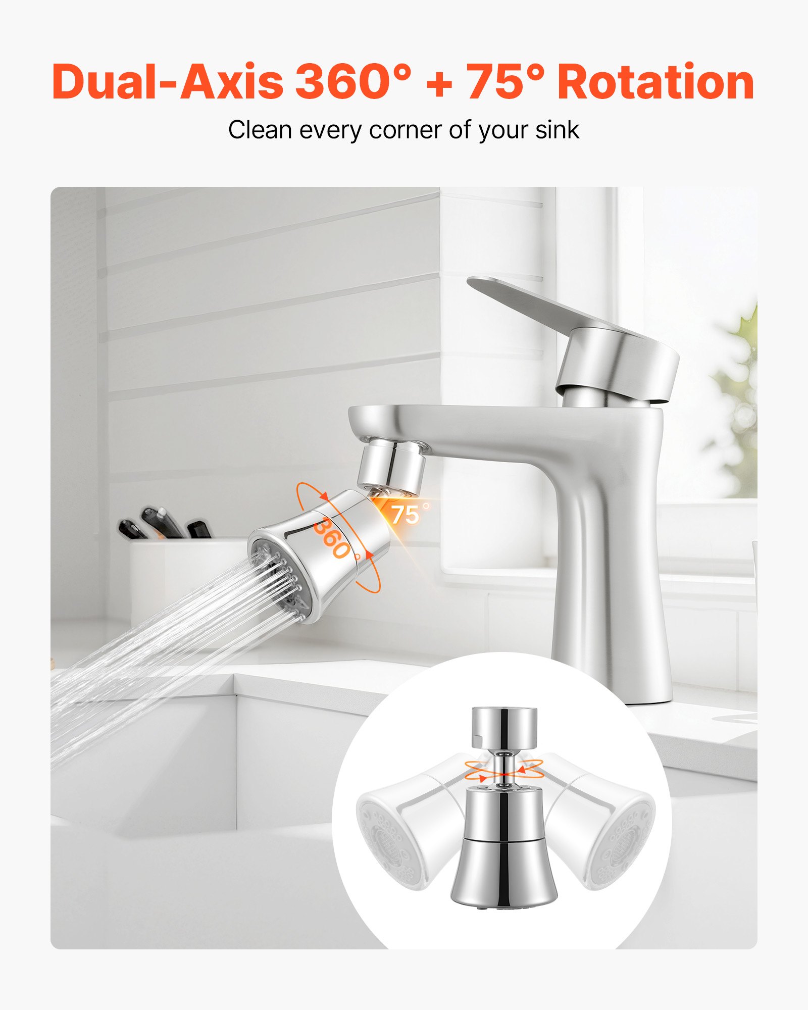 VEVOR Faucet Aerator, 360° Swivel Kitchen Sink Aerator, 5-Function 5-Flow Sink Sprayer Attachment, Bathroom Faucet Extender Head Replacement for 15/16 inch Female Thread with Adapter & 55/64 inch Male