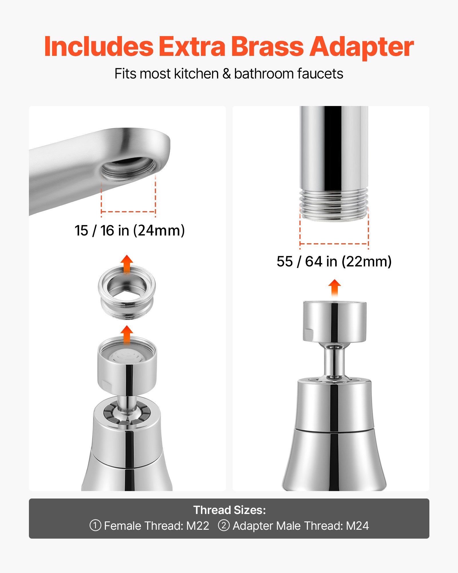 VEVOR Faucet Aerator, 360° Swivel Kitchen Sink Aerator, 5-Function 5-Flow Sink Sprayer Attachment, Bathroom Faucet Extender Head Replacement for 15/16 inch Female Thread with Adapter & 55/64 inch Male