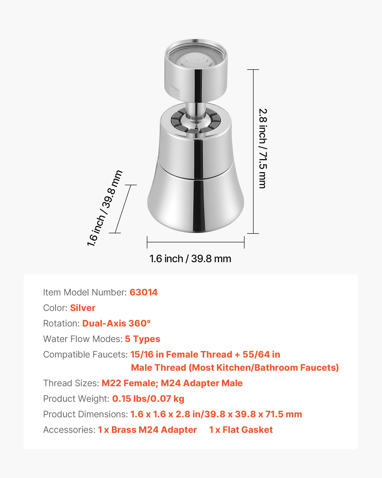 VEVOR Faucet Aerator, 360° Swivel Kitchen Sink Aerator, 5-Function 5-Flow Sink Sprayer Attachment, Bathroom Faucet Extender Head Replacement for 15/16 inch Female Thread with Adapter & 55/64 inch Male