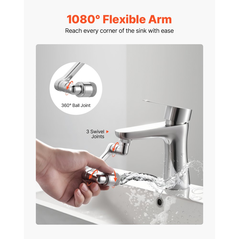 VEVOR 1080° Swivel Faucet Extender, 2 Sprayer Modes Sink Water Faucet Aerator Extension, Kitchen Bathroom Rotatable Spray Attachment with Brass Robotic Arm, Rotating Splash Filter Wash Hand/Hair/Face