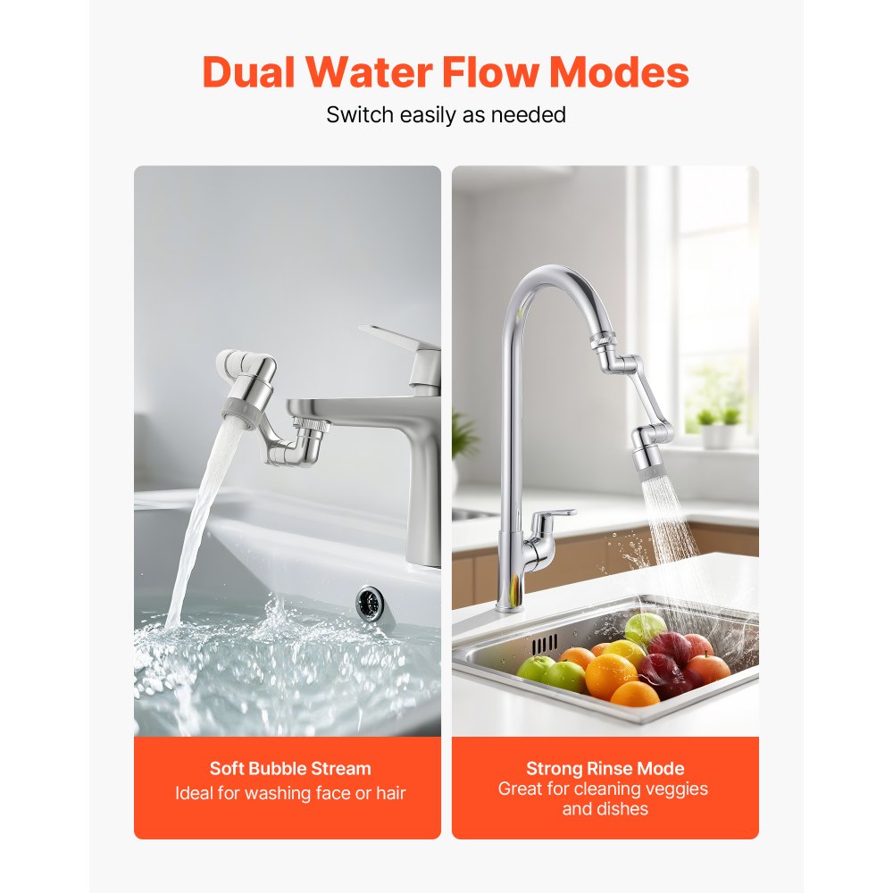 VEVOR 1080° Swivel Faucet Extender, 2 Sprayer Modes Sink Water Faucet Aerator Extension, Kitchen Bathroom Rotatable Spray Attachment with Brass Robotic Arm, Rotating Splash Filter Wash Hand/Hair/Face