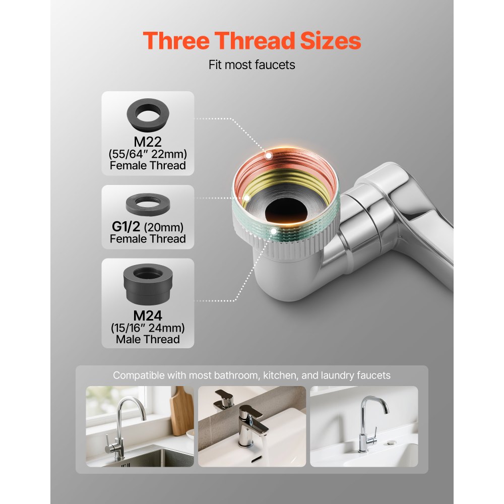 VEVOR 1080° Swivel Faucet Extender, 2 Sprayer Modes Sink Water Faucet Aerator Extension, Kitchen Bathroom Rotatable Spray Attachment with Brass Robotic Arm, Rotating Splash Filter Wash Hand/Hair/Face