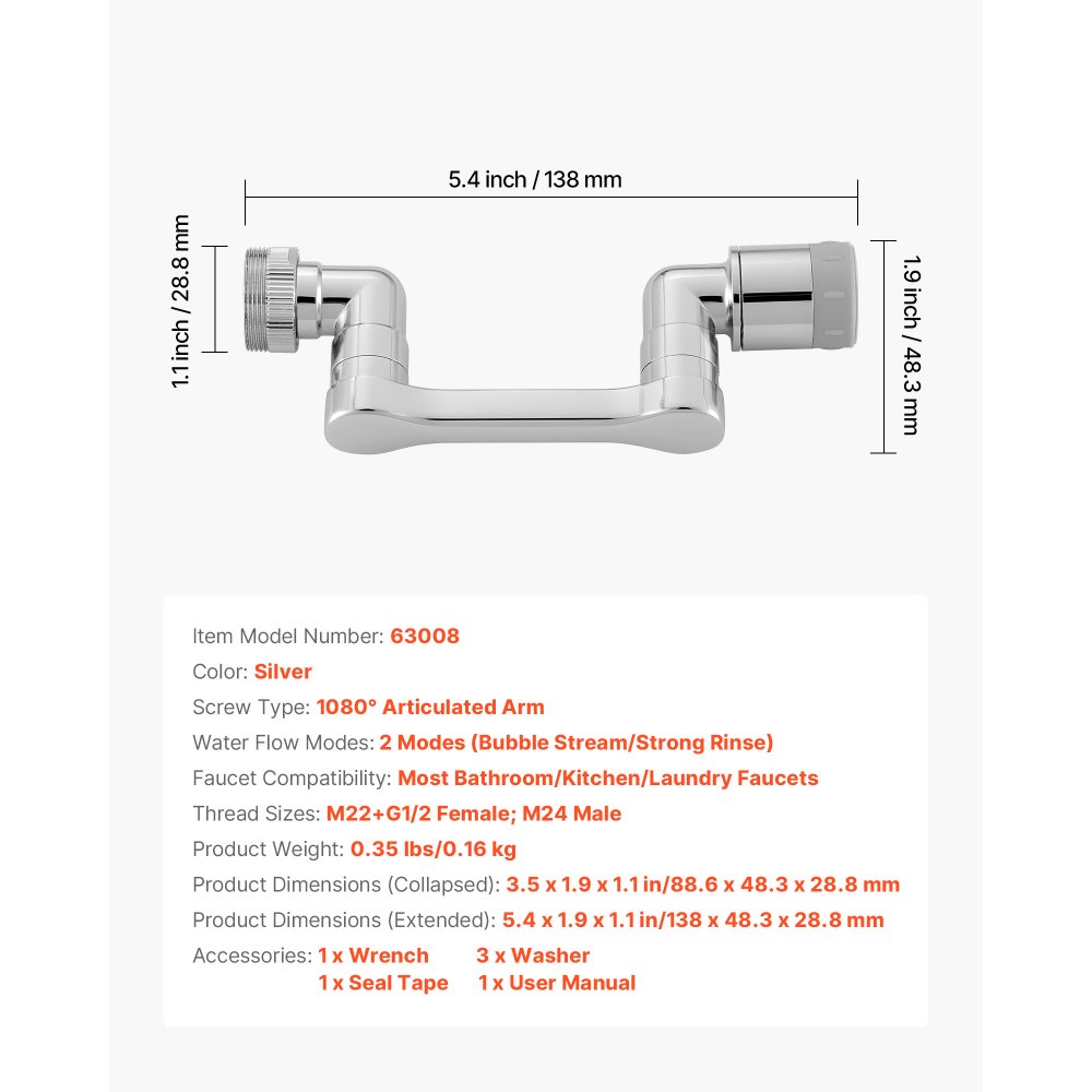 VEVOR 1080° Swivel Faucet Extender, 2 Sprayer Modes Sink Water Faucet Aerator Extension, Kitchen Bathroom Rotatable Spray Attachment with Brass Robotic Arm, Rotating Splash Filter Wash Hand/Hair/Face