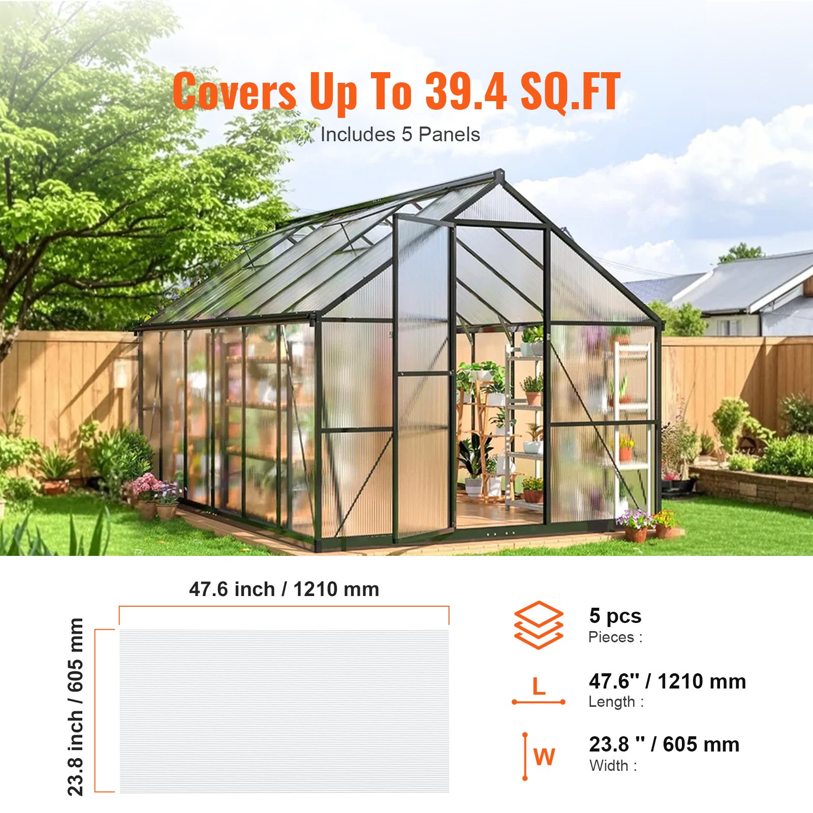 VEVOR 5 Pack Polycarbonate Greenhouse Panels, 2' X 4' X 0.32'' Roof Panels Sheets, Waterproof UV Protected Corrugated Plastic Roofing, Impact Resistance Clear Roofing Sheets for Greenhouse/Garden