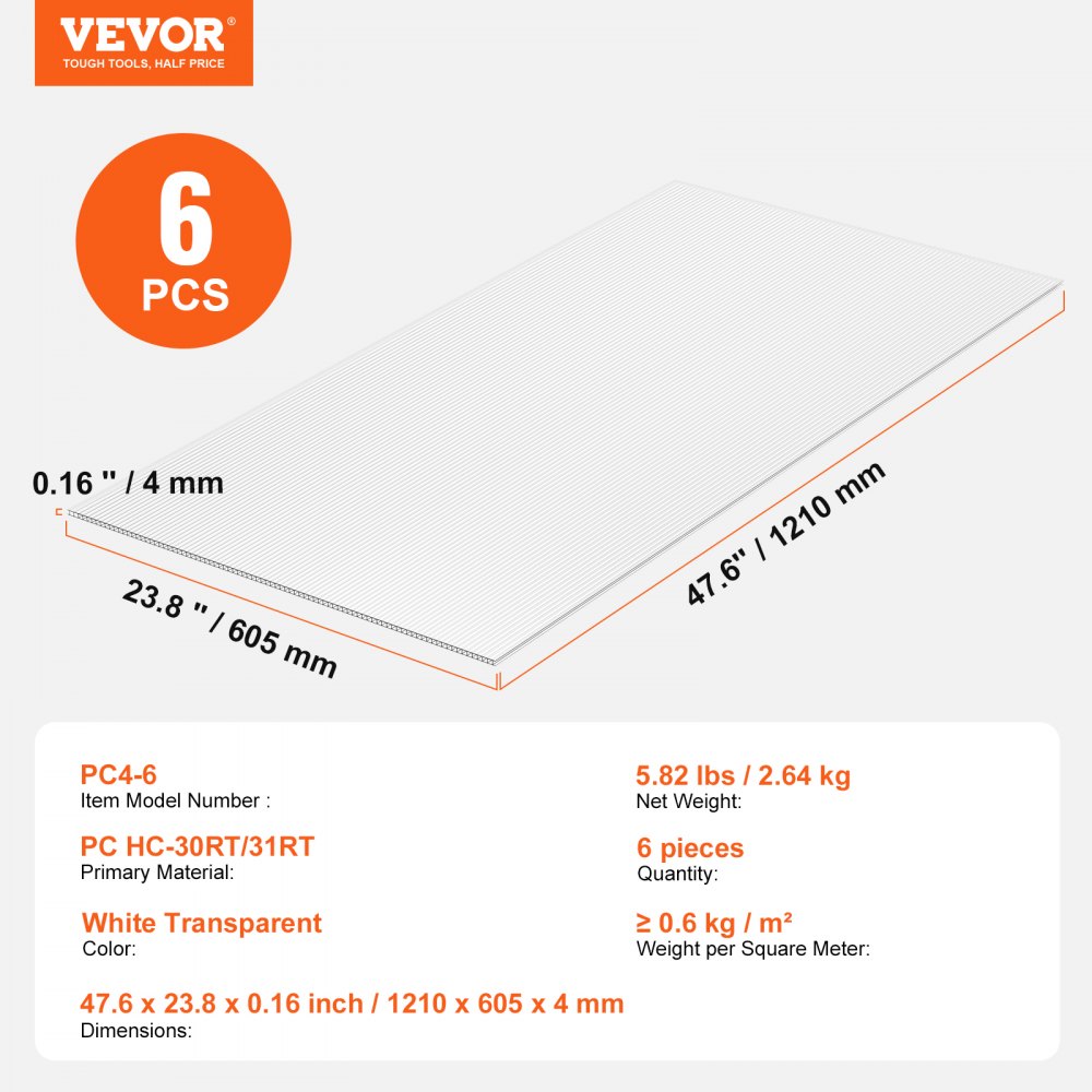 VEVOR 6 Pack Polycarbonate Greenhouse Panels, 3.96' x 1.98' x 0.157" Roof Panels Sheets, Waterproof UV Protected Corrugated Plastic Roofing, Impact Resistant Clear Roofing Sheets for Greenhouse/Garden