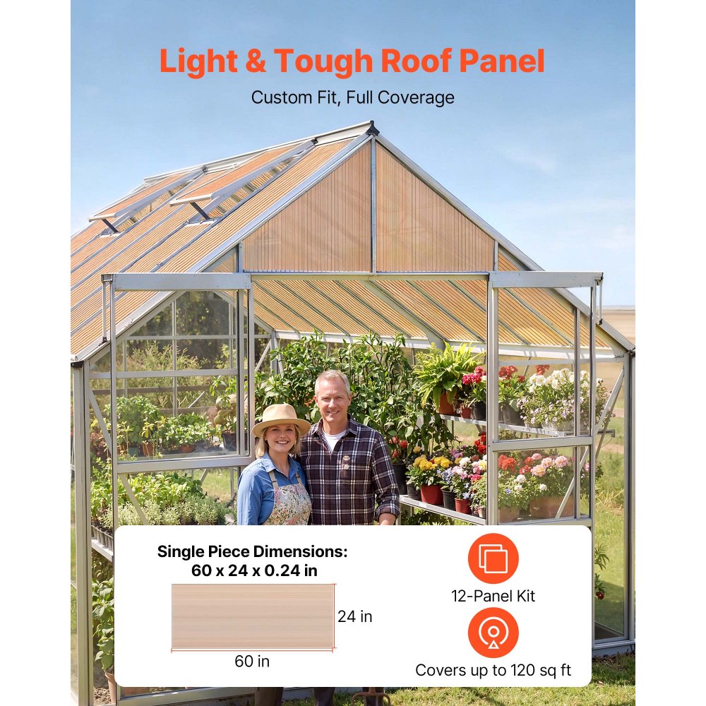 VEVOR Roof Panels, 12Pcs Polycarbonate Roofing Panels Double Layer, High Impact Corrugated Plastic Greenhouse Replacement Cover, Waterproof for Gazebos, Chicken Coops, Home, Garden (1520 x 610 x 6 mm)