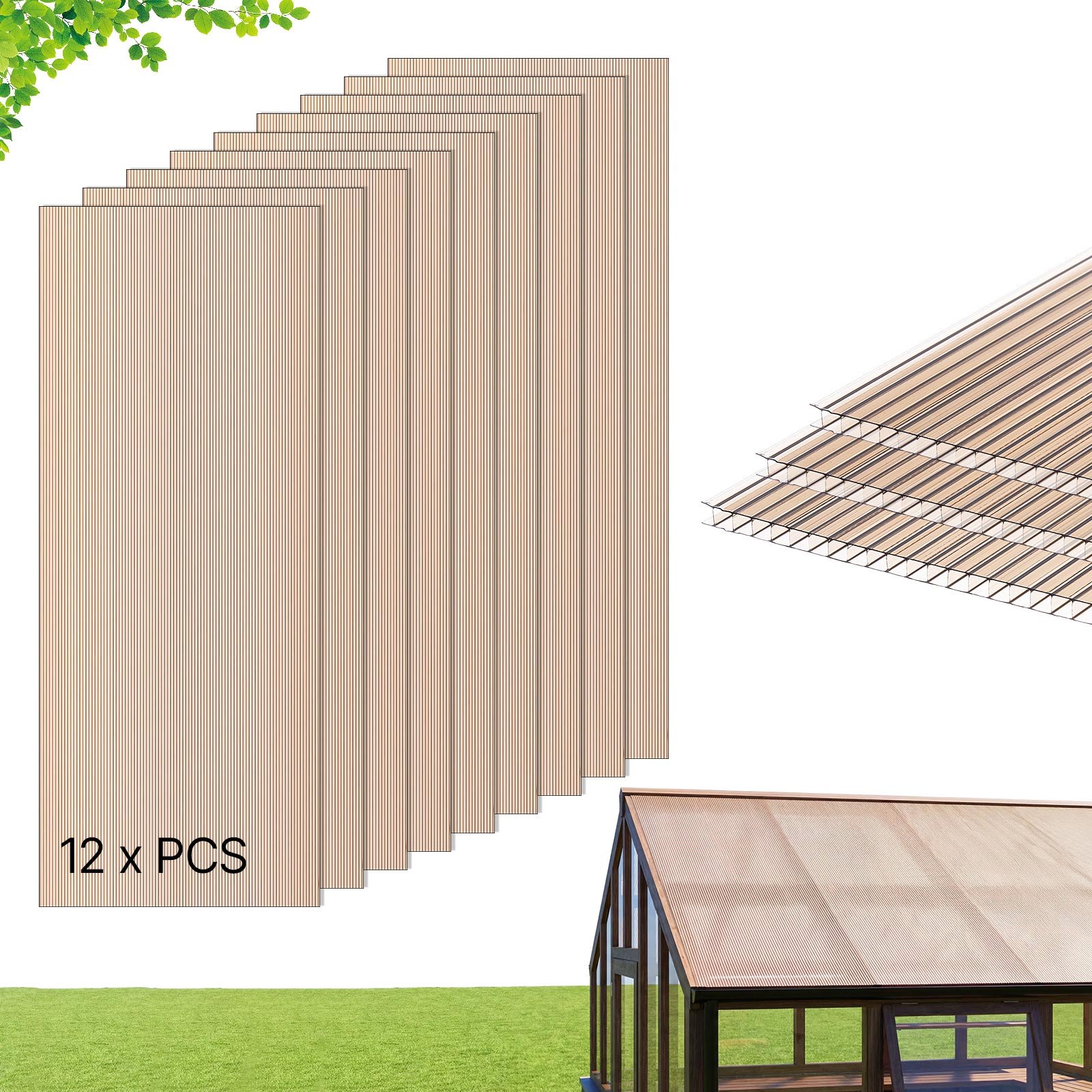 VEVOR Roof Panels, 12Pcs Polycarbonate Roofing Panels Double Layer, High Impact Corrugated Plastic Greenhouse Replacement Cover, Waterproof for Gazebos, Chicken Coops, Home, Garden (1520 x 610 x 6 mm)