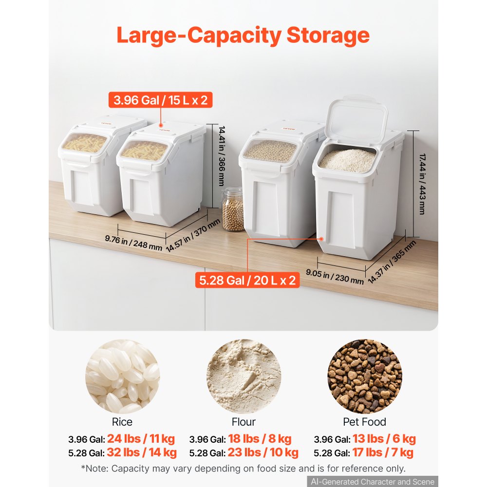 VEVOR Rice Storage Container 4 Pack 15 L/3.96 Gal x 2 + 20 L/5.28 Gal x 2, for Kitchen Pantry, Stackable Large Dog Food Dispenser, Ingredient Grain Cereal Flour Bin with Measuring Cup, Airtight Lid