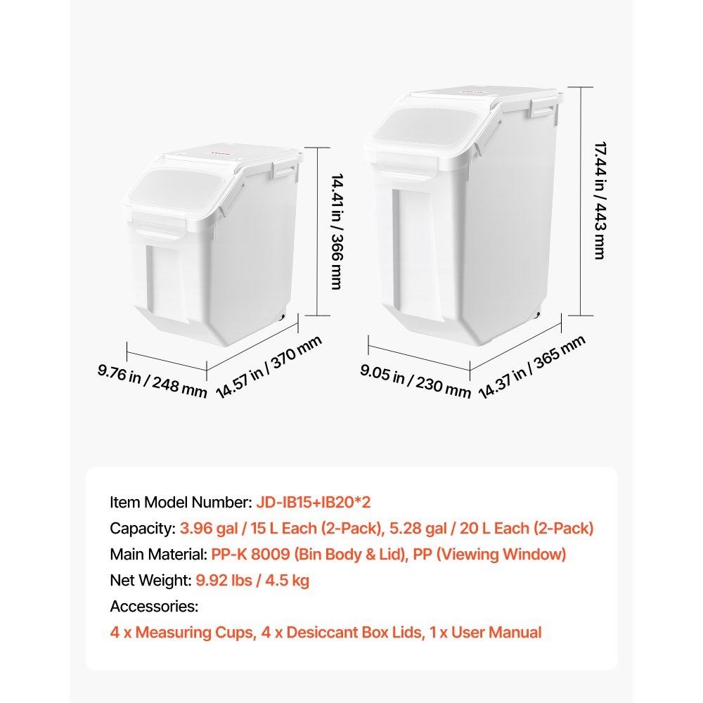 VEVOR Rice Storage Container 4 Pack 15 L/3.96 Gal x 2 + 20 L/5.28 Gal x 2, for Kitchen Pantry, Stackable Large Dog Food Dispenser, Ingredient Grain Cereal Flour Bin with Measuring Cup, Airtight Lid