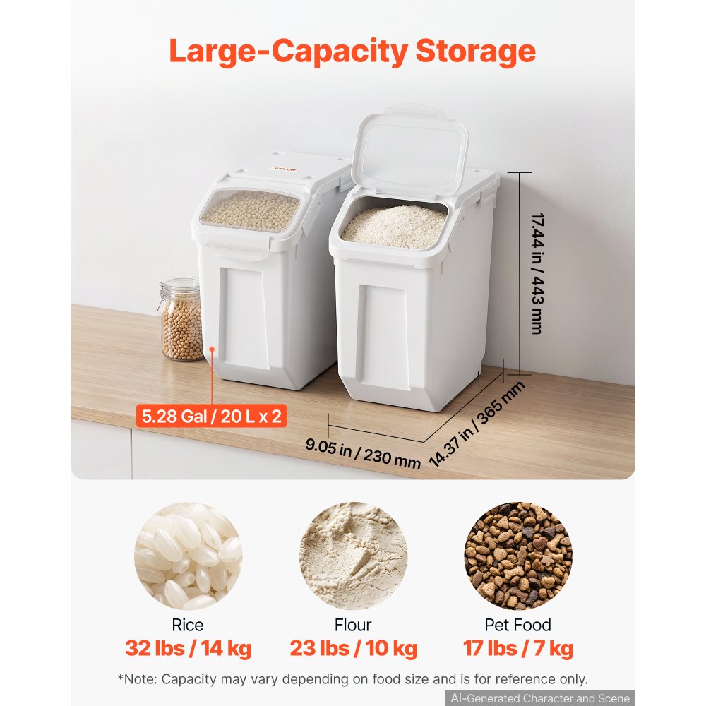 VEVOR Rice Storage Container 2 Pack 20 L/5.28 Gal 14 kg Dog Food Dispenser, for Kitchen Pantry, Stackable Large Ingredient Grain Cereal Flour Bin, Pet Food Container with Measuring Cup, Airtight Lid