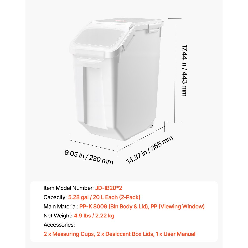 VEVOR Rice Storage Container 2 Pack 20 L/5.28 Gal 14 kg Dog Food Dispenser, for Kitchen Pantry, Stackable Large Ingredient Grain Cereal Flour Bin, Pet Food Container with Measuring Cup, Airtight Lid