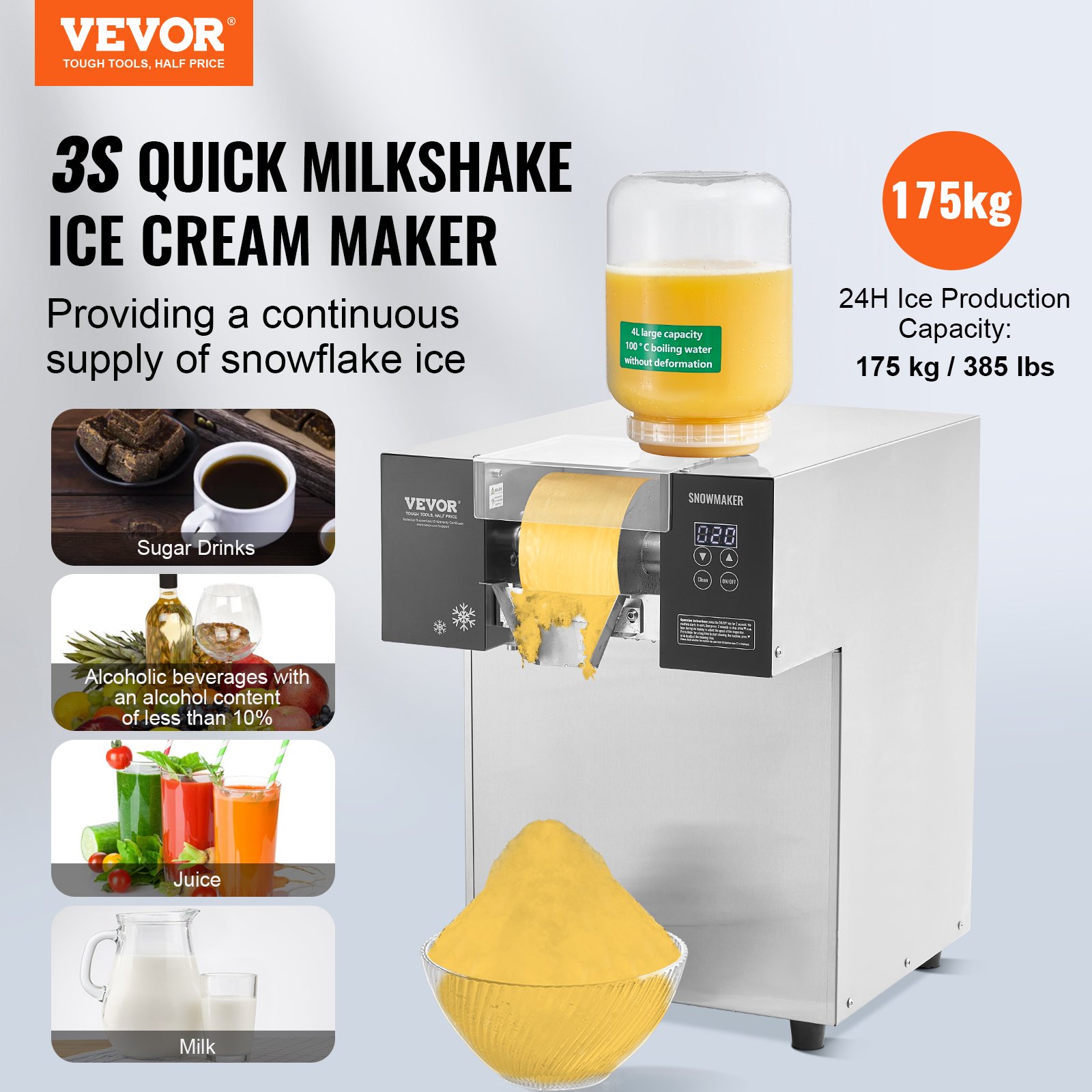 VEVOR Commercial Snowflake Ice Machine, 385LBS/24H Snowflake Ice Maker, Stainless Steel Ice Shaver Machine, Electric Snow Cone Maker, Liquid Cooling System for Rapid Heat Dissipation, Ice Cream