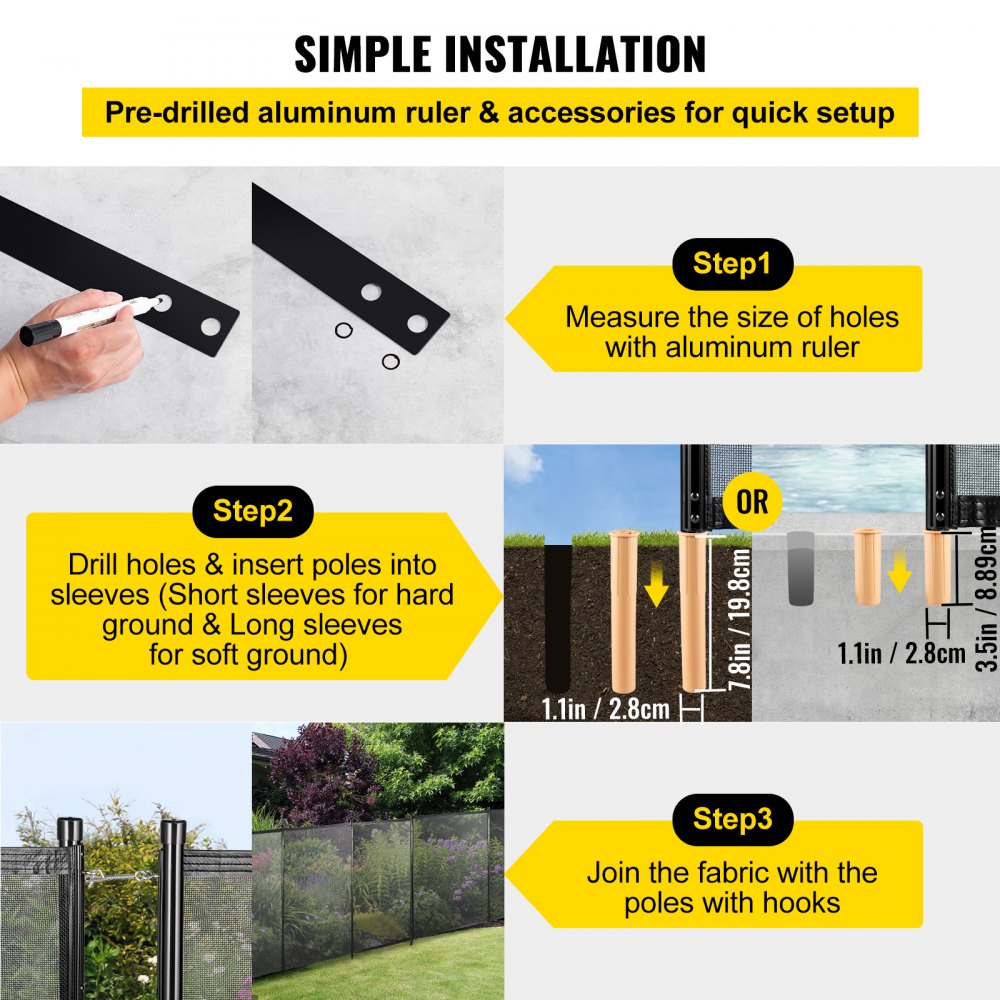 VEVOR Sentry Security Pool Fence 4x48 ft Removable Pool Fence Hole Size 1.1x 3.5 in Pool Fences for In-ground Pools 44 Sleeves Pool Fence DIY by Life Saver Fencing Section Kit Black