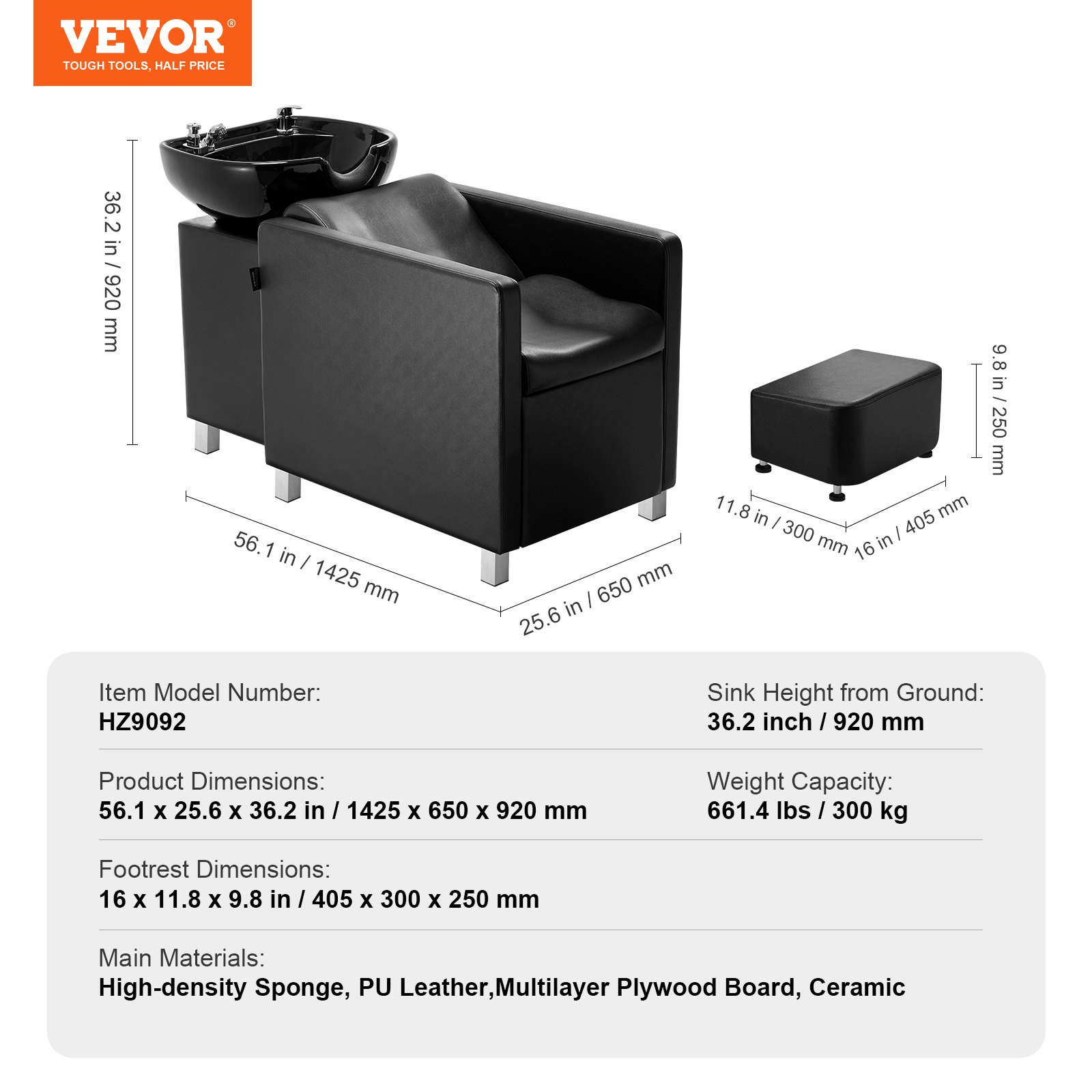 VEVOR Shampoo Backwash Chair, 661.4LBS Loading Salon & Spa Hair Washing Station, Backwash Barber Shampoo Bowl and Chair, Beauty Spa Massage Hairdressing Equipment with Wide Footrest and Ceramic Bowl