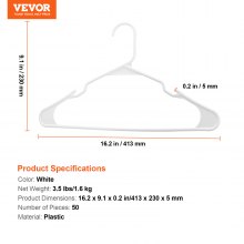 VEVOR Hangers, 0.2 in Ultra-Thin, 50 Pack White Plastic Hangers with Stable Triangular Top Structure & Wider Notch Design, Non-Slip Space Saving Hangers, Fit for T-Shirt, Shirt, Sling & Pant