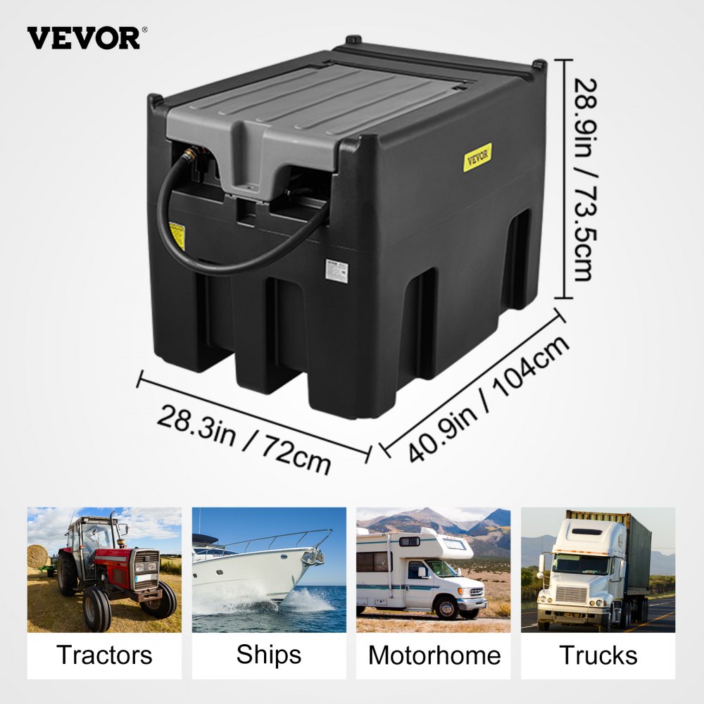VEVOR Portable Diesel Tank, 439.1 L Capacity & 37.85 L/min Flow Rate, Diesel Fuel Tank with 12V Electric Transfer Pump and 399.3 cm Rubber Hose, PE Diesel Transfer Tank for Easy Fuel Transportation, Black