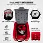 VEVOR portable diesel tank with 55-gallon capacity, 12v transfer pump, fuel gauge, and flow rate details.