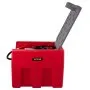 VEVOR portable diesel tank in red with the lid open, showcasing internal components and hose.