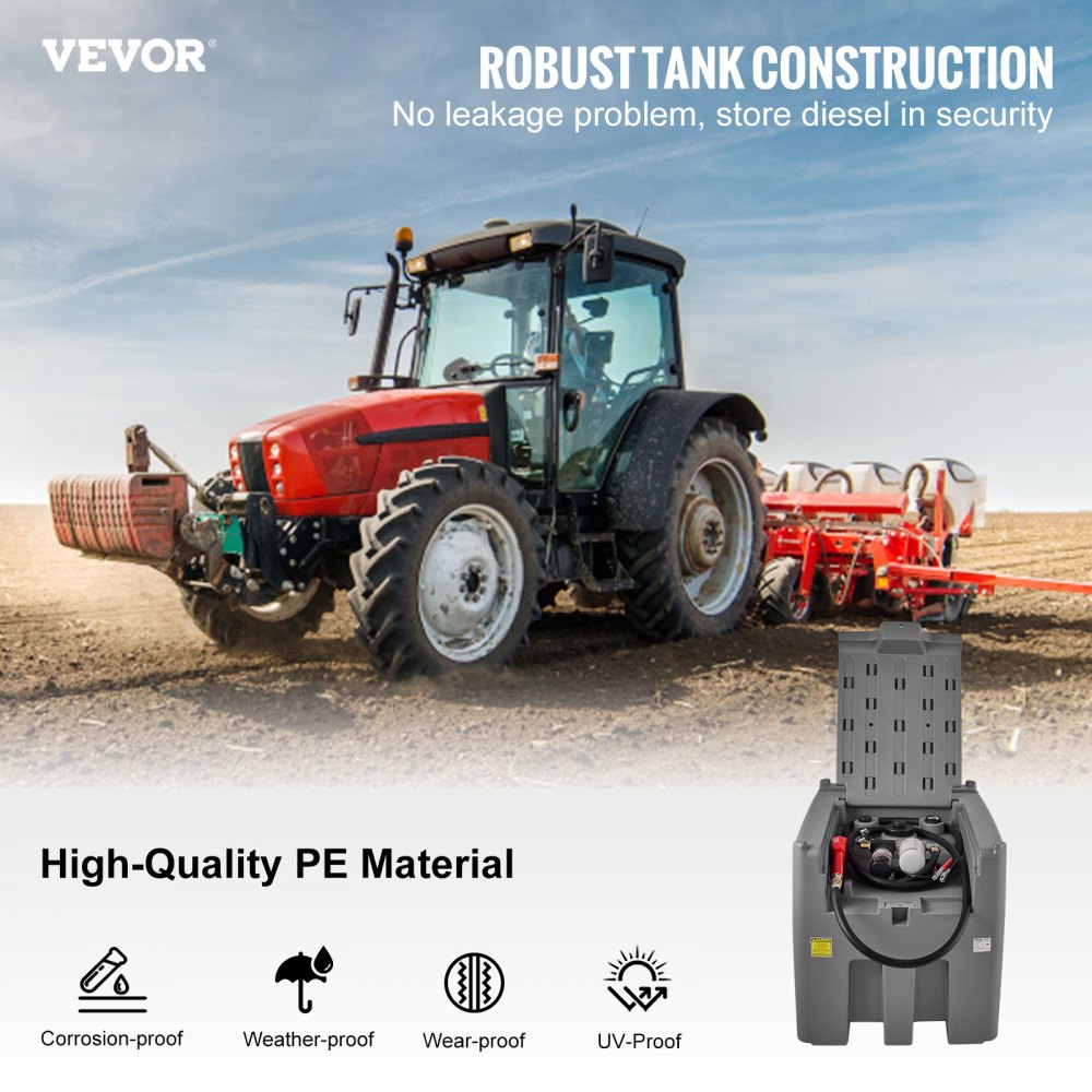 red tractor in a field with a VEVOR portable diesel tank, highlighting robust construction and high-quality pe material.