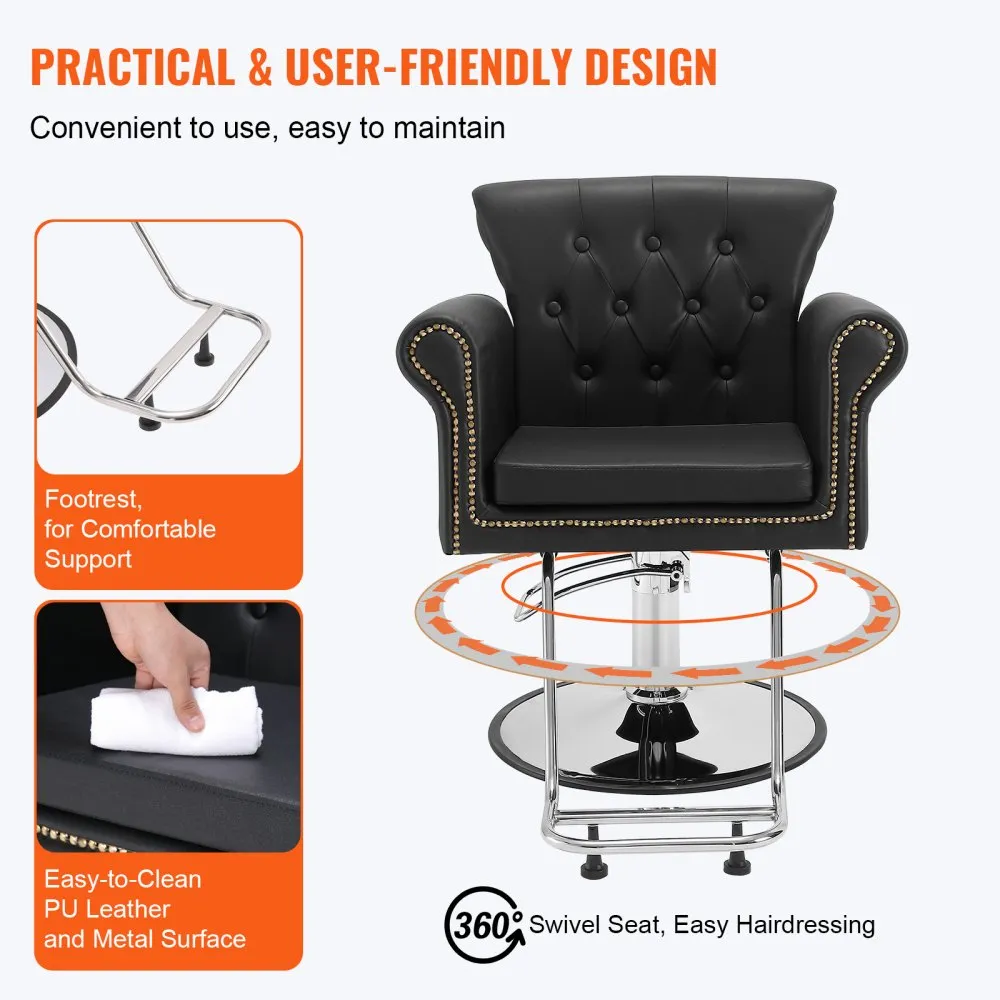 VEVOR salon chair with footrest, easy-to-clean pu leather, and 360-degree swivel for hairdressing.