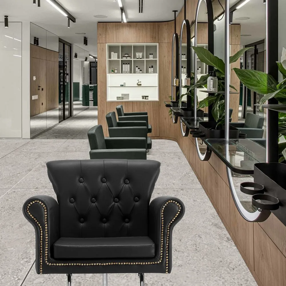 modern salon interior with black VEVOR salon chair, mirrors, and greenery reflecting a chic atmosphere.