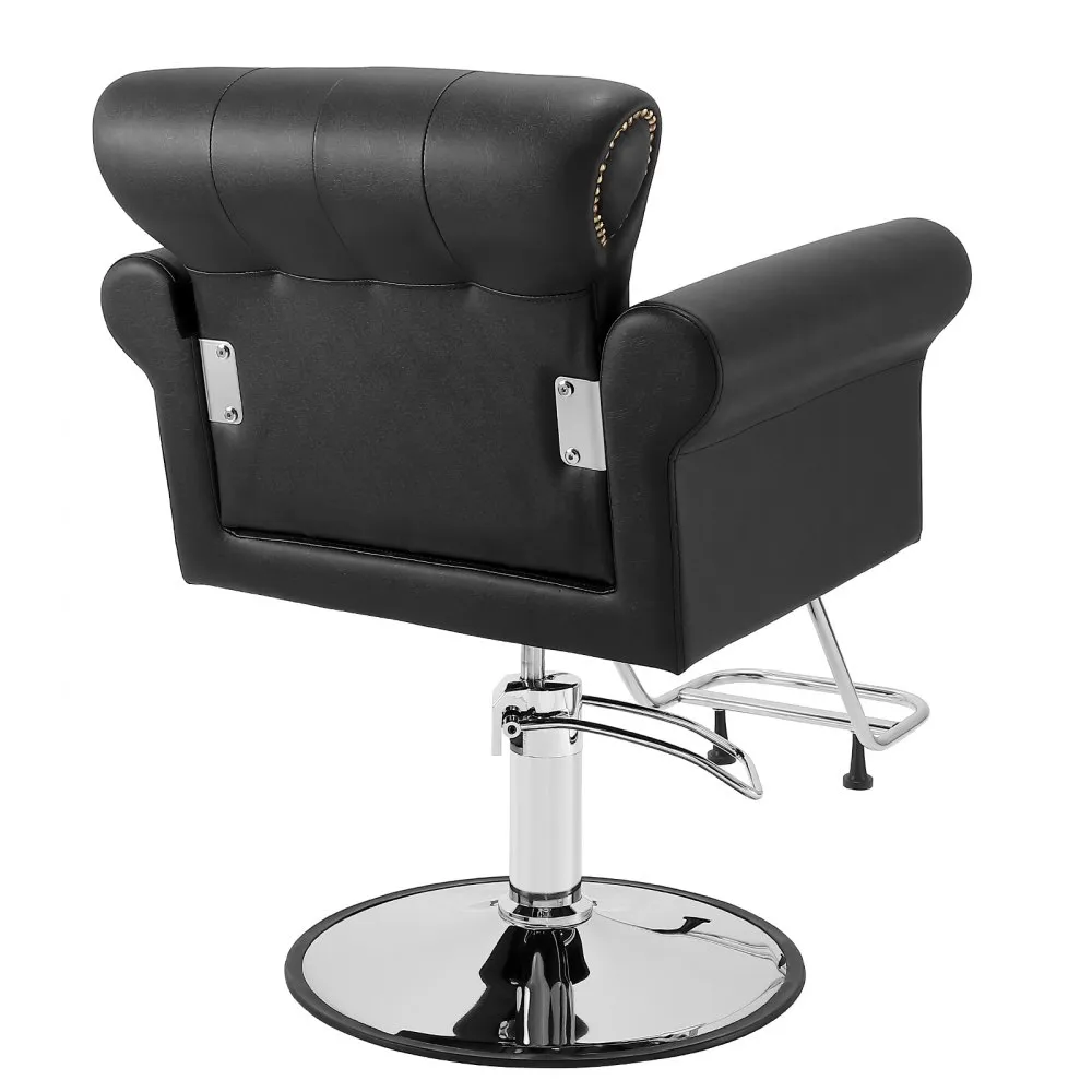 black VEVOR salon chair with cushioned backrest, armrests, and adjustable chrome base.