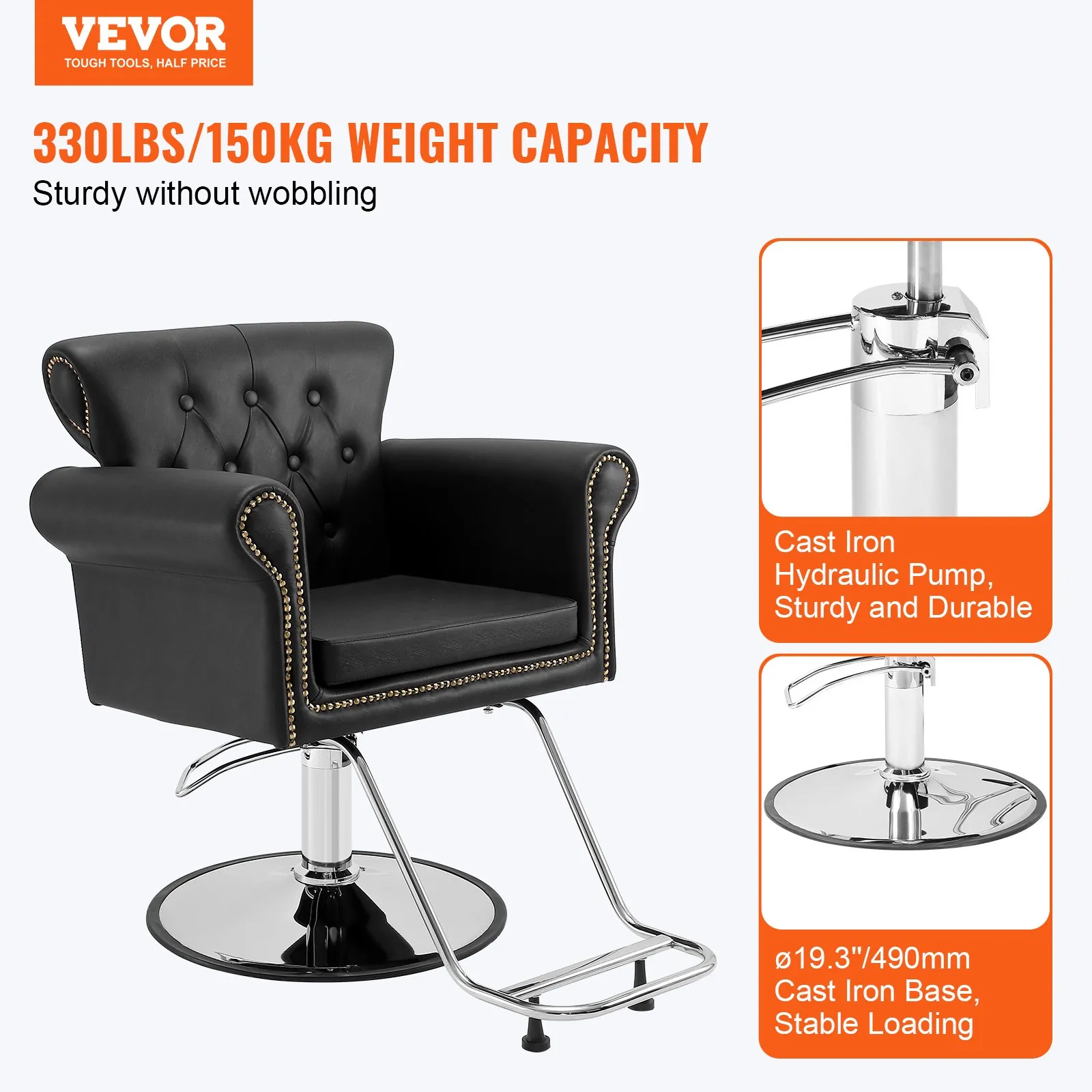 VEVOR salon chair with cast iron base and hydraulic pump, supports up to 330lbs, sturdy design.
