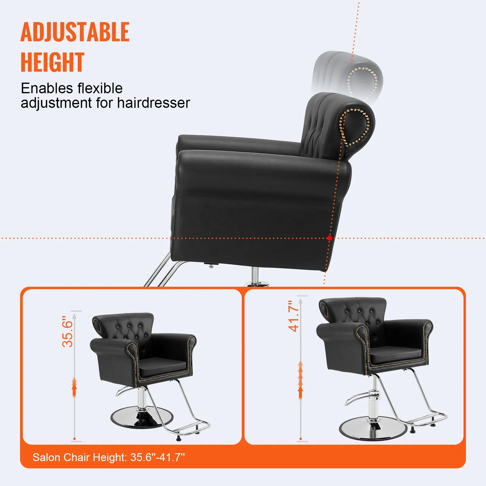VEVOR salon chair with adjustable height, ranging from 35.6&quot; to 41.7&quot;, ideal for hairdressers.