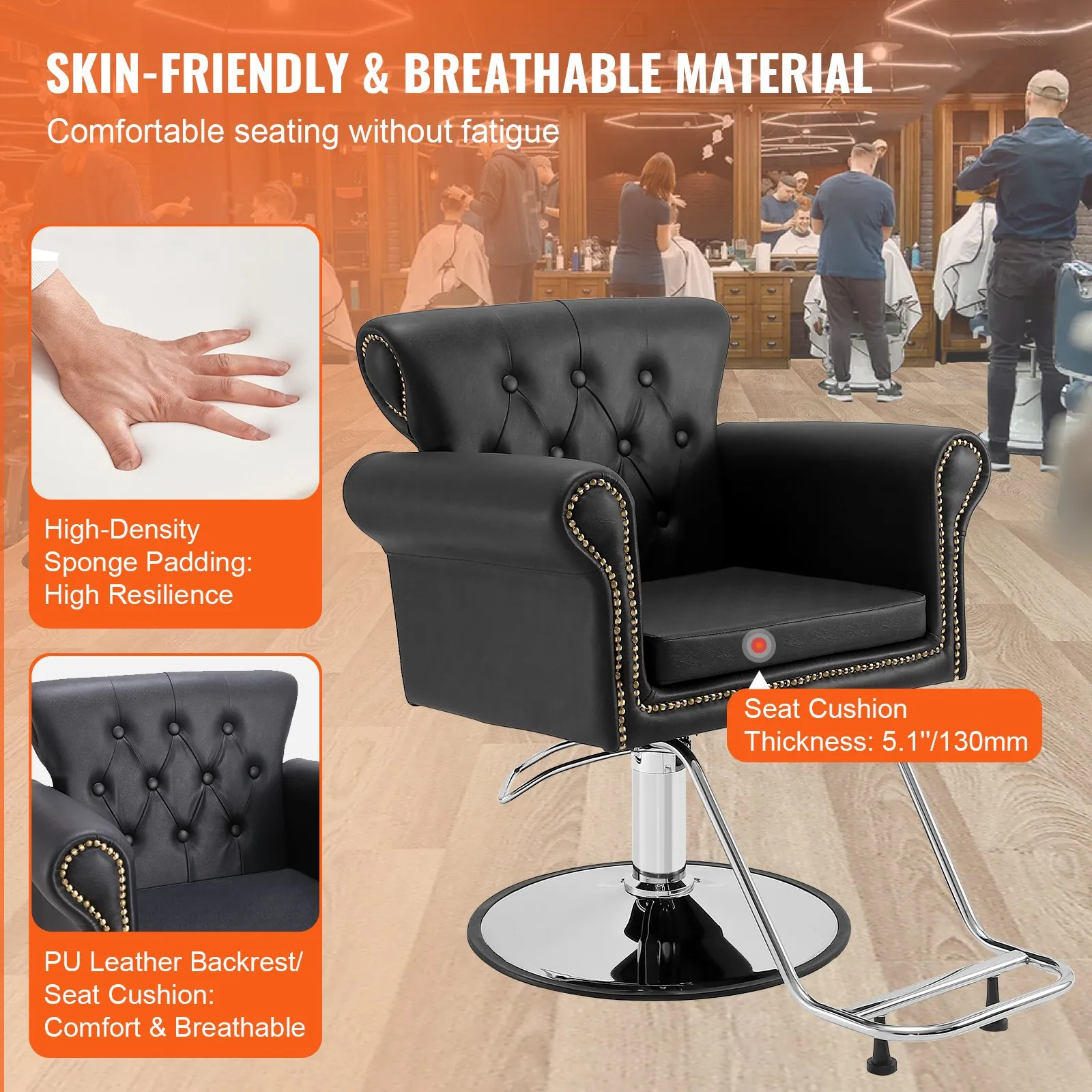VEVOR salon chair with skin-friendly, breathable pu leather and high-density sponge padding for comfort.