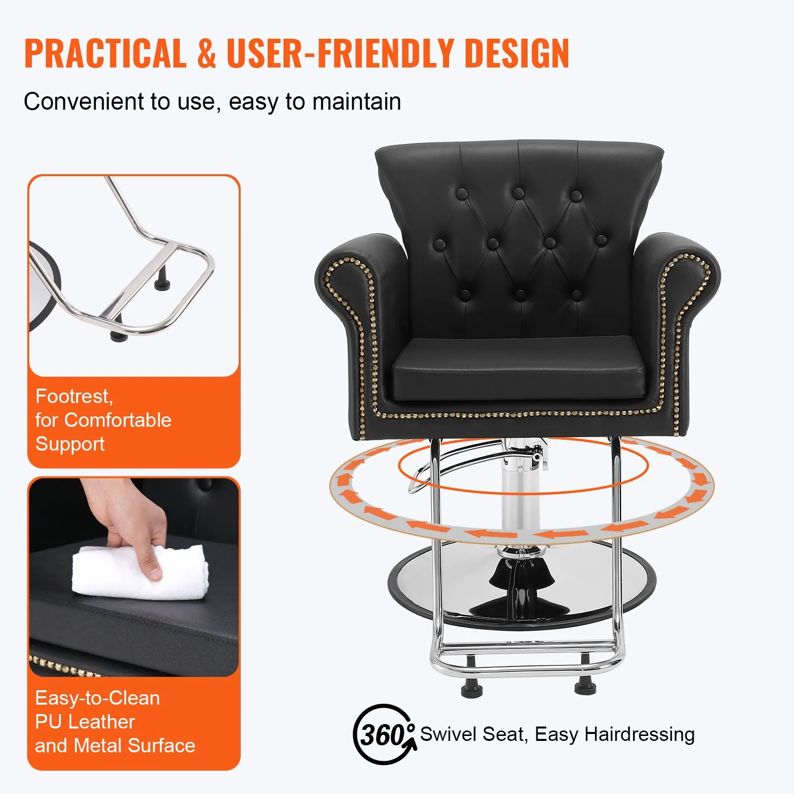 VEVOR salon chair with footrest, easy-to-clean pu leather, and 360-degree swivel for hairdressing.