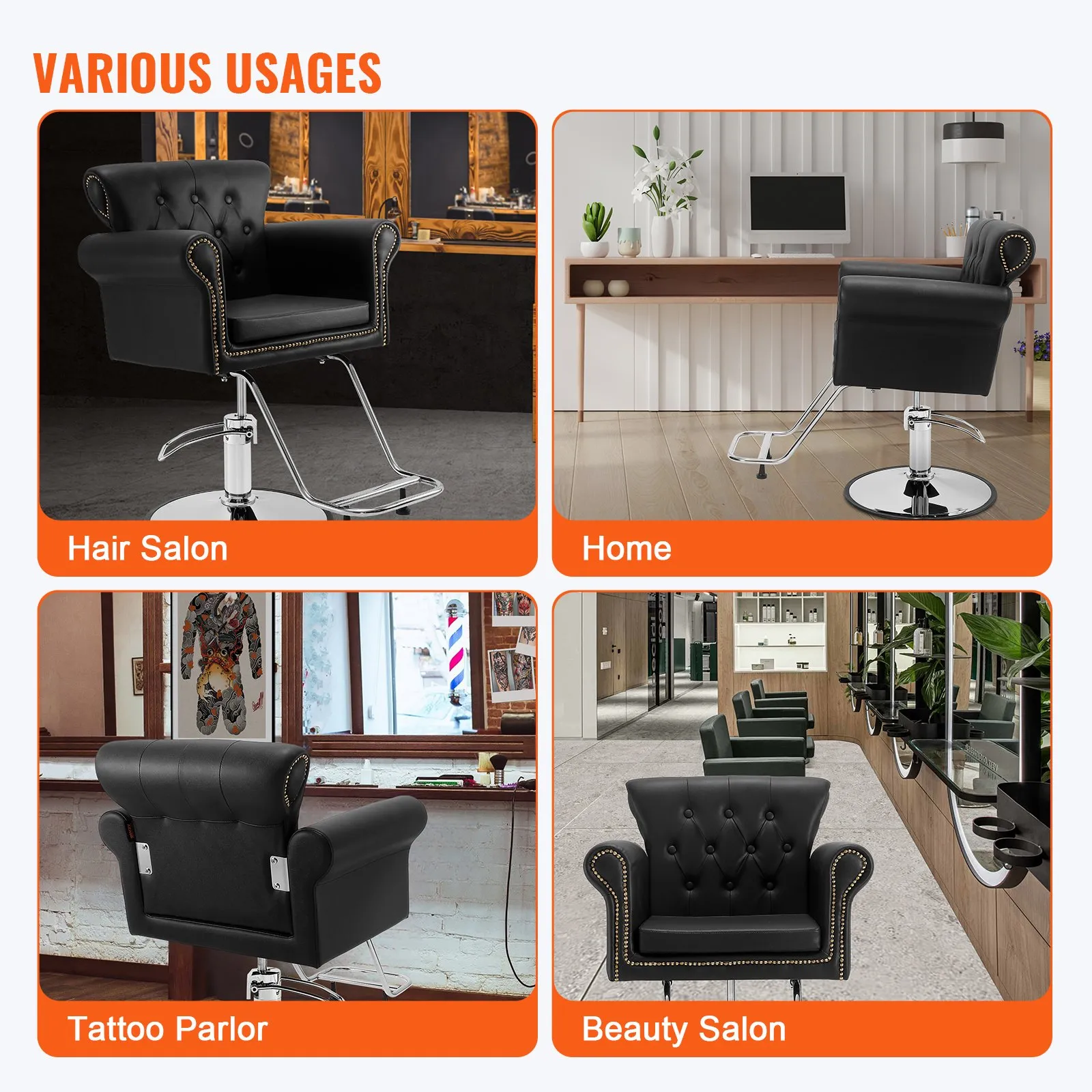 VEVOR salon chair in hair salon, home, tattoo parlor, and beauty salon settings.