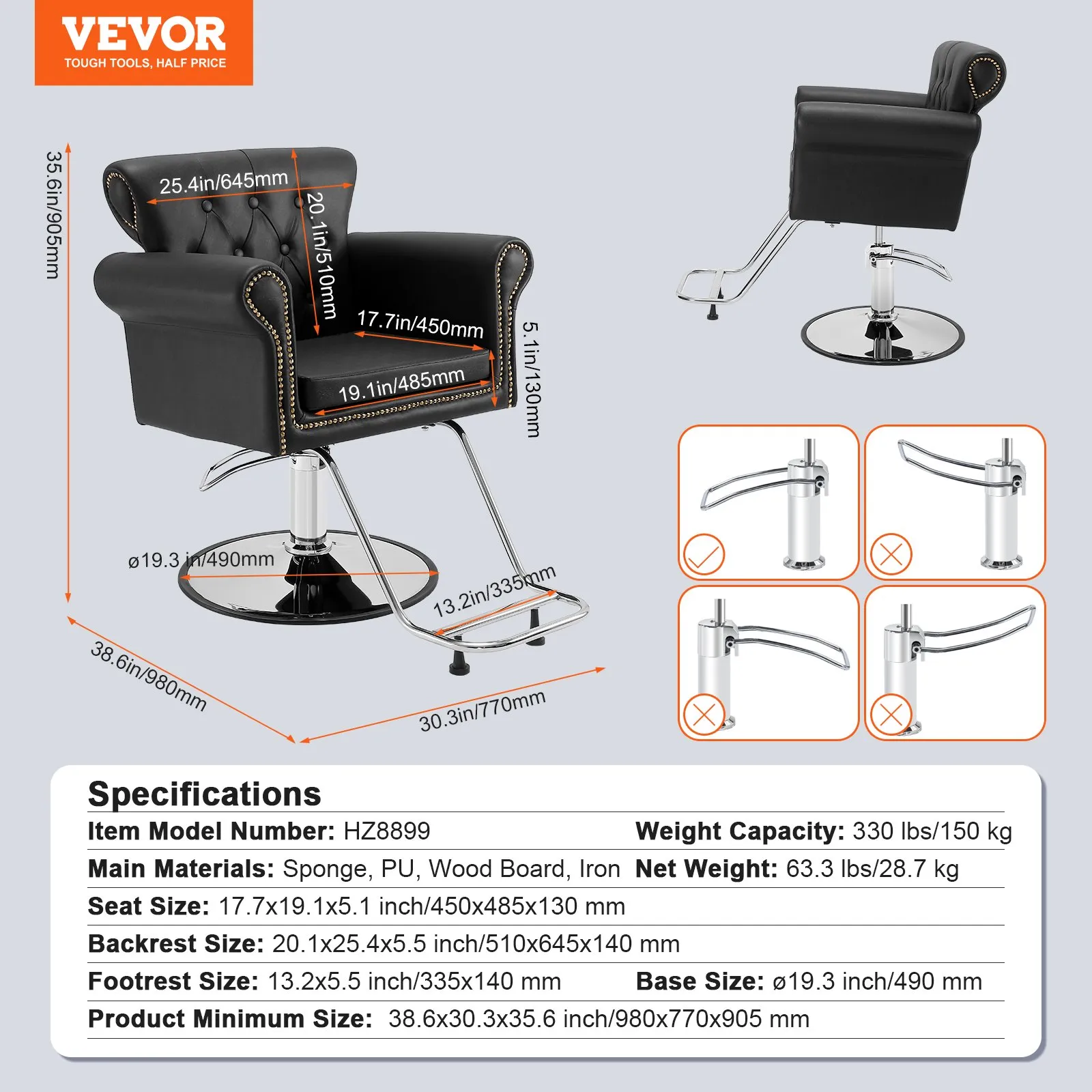VEVOR salon chair with measurements and specifications, featuring black cushioning and stainless steel base.