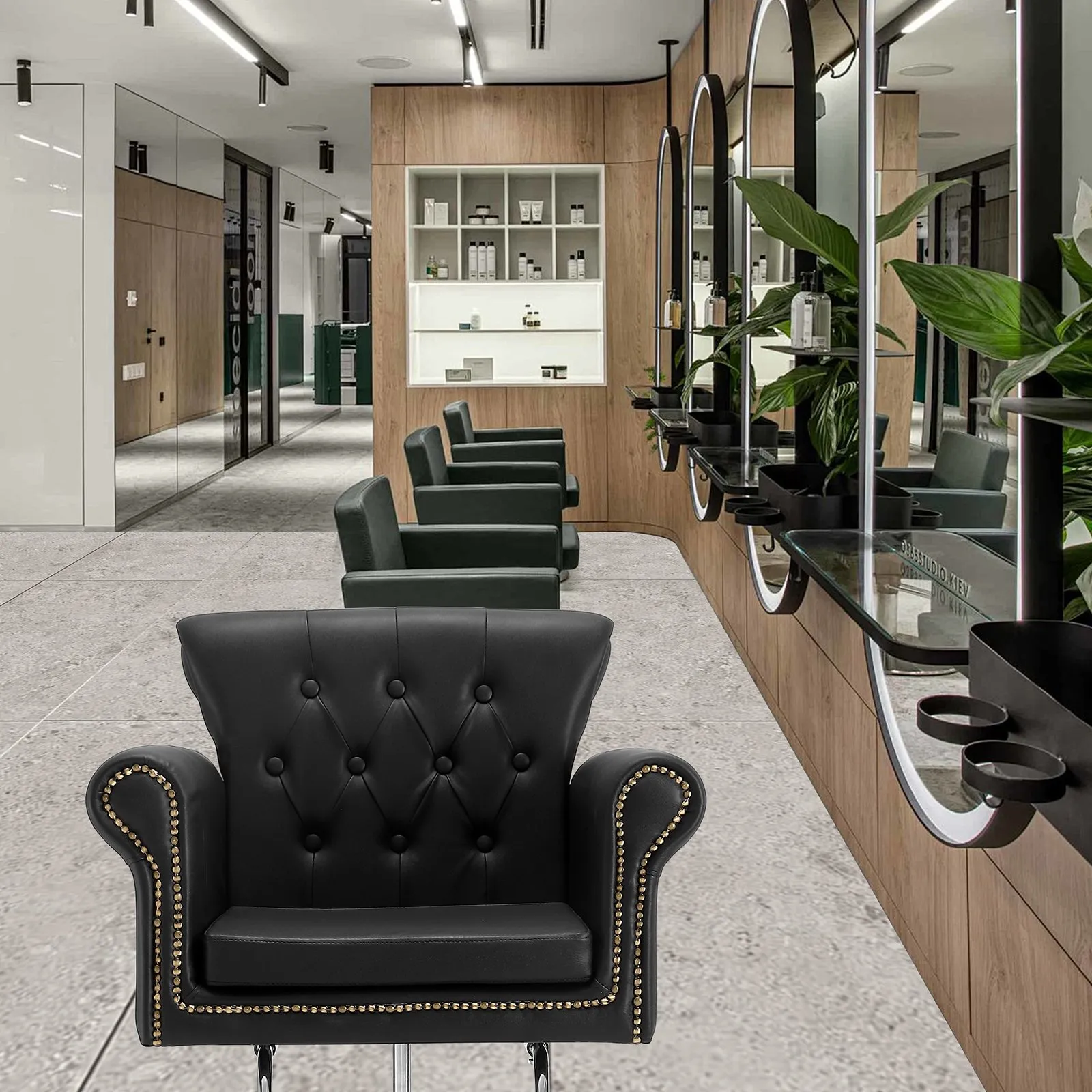 modern salon interior with black VEVOR salon chair, mirrors, and greenery reflecting a chic atmosphere.
