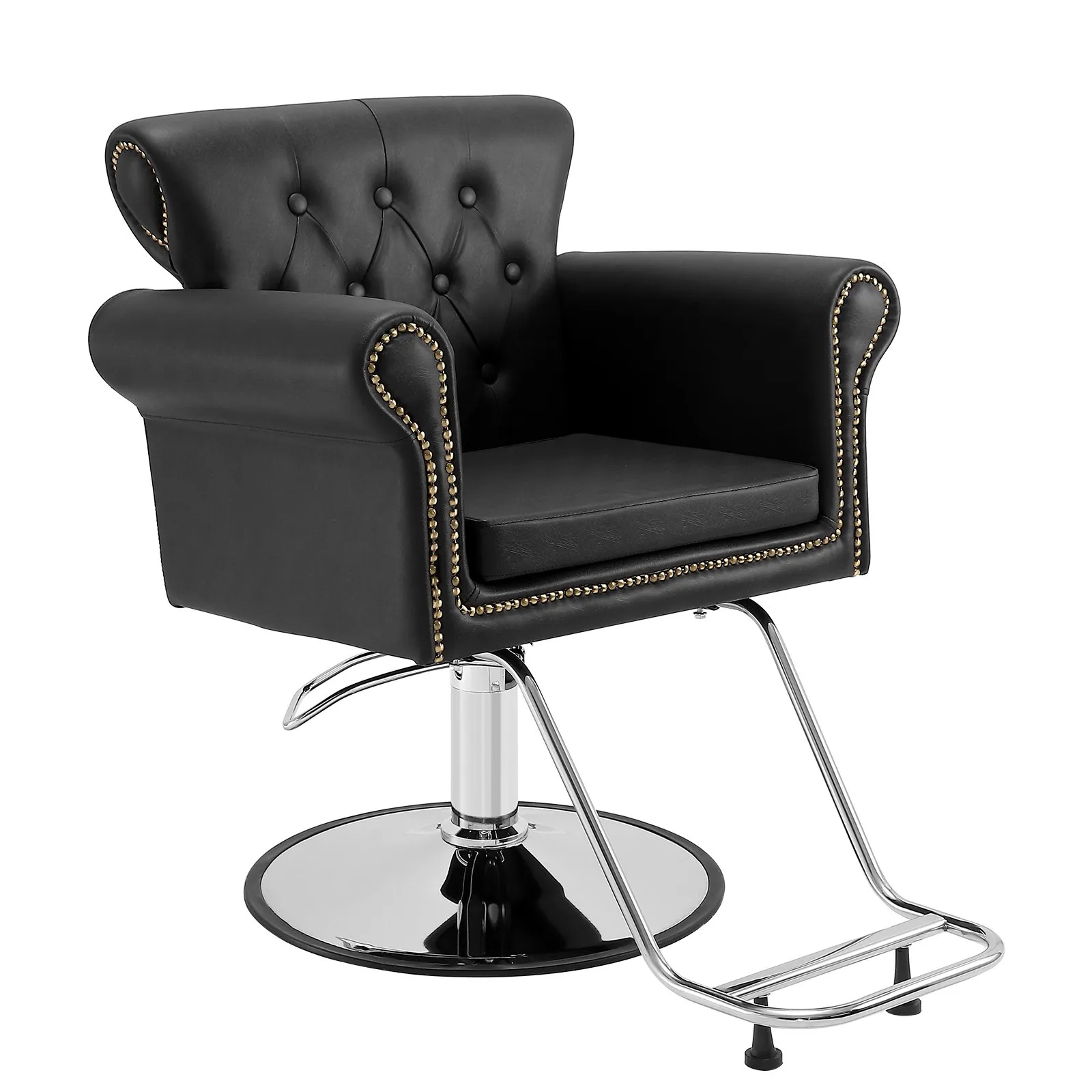 black VEVOR salon chair with tufted back, studded trim, and chrome base and footrest.