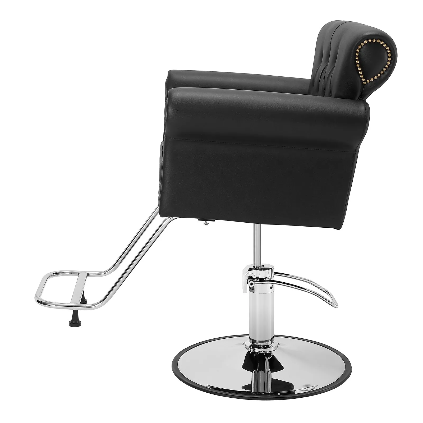 black VEVOR salon chair with chrome base, padded armrests, and footrest; side view.