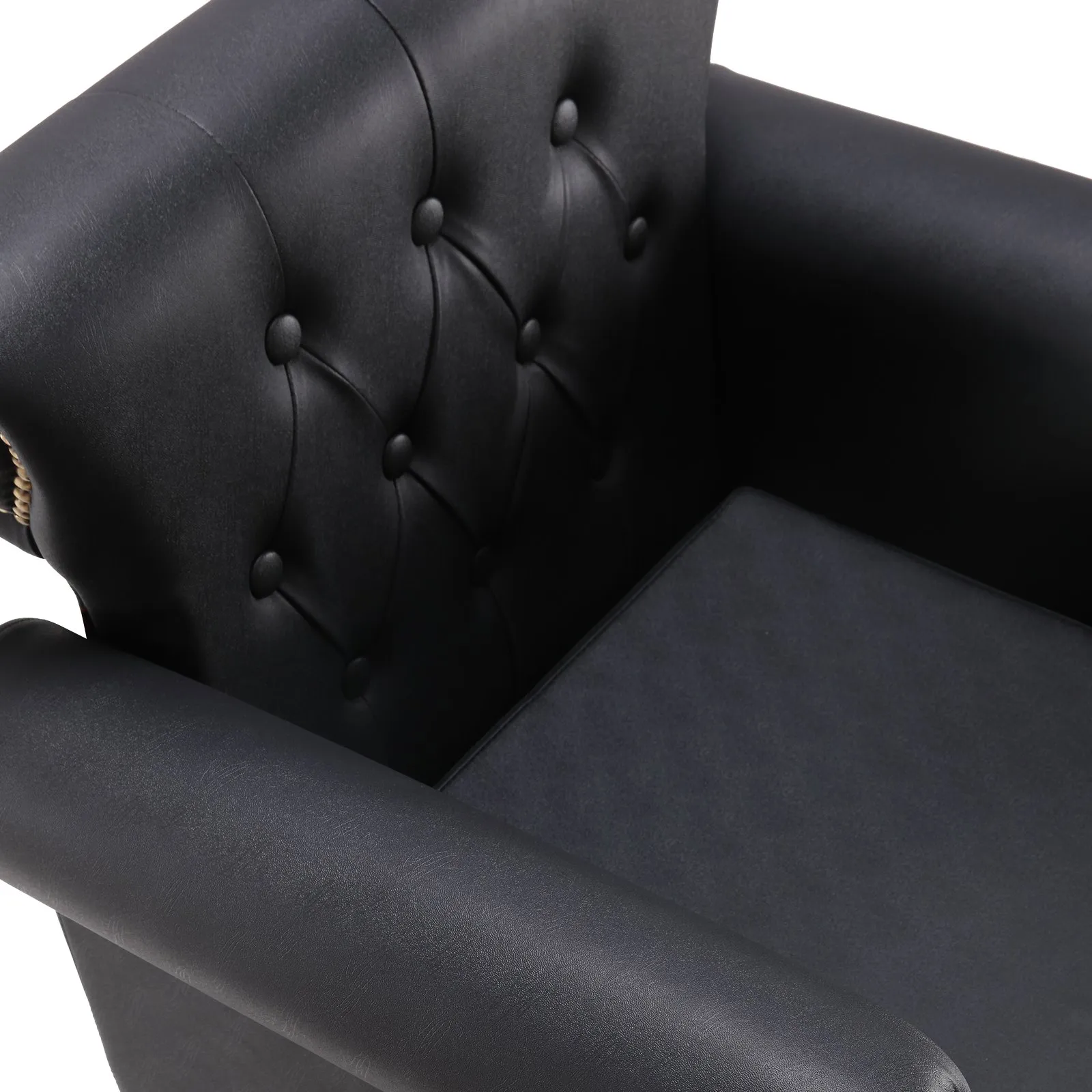 black VEVOR salon chair with tufted backrest and padded armrests, showcasing elegant design details.