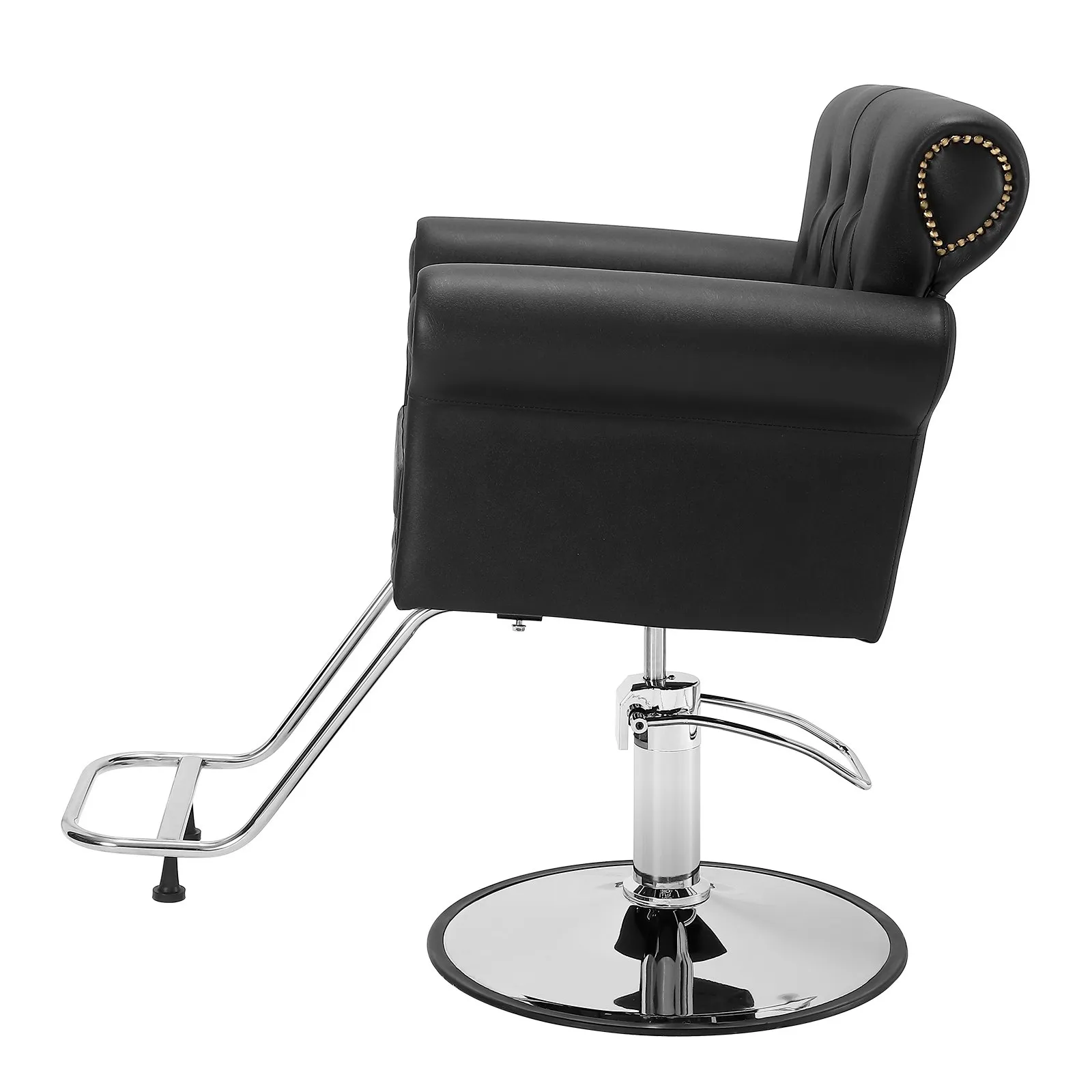 black VEVOR salon chair with cushioned backrest, chrome base, and footrest on white background.