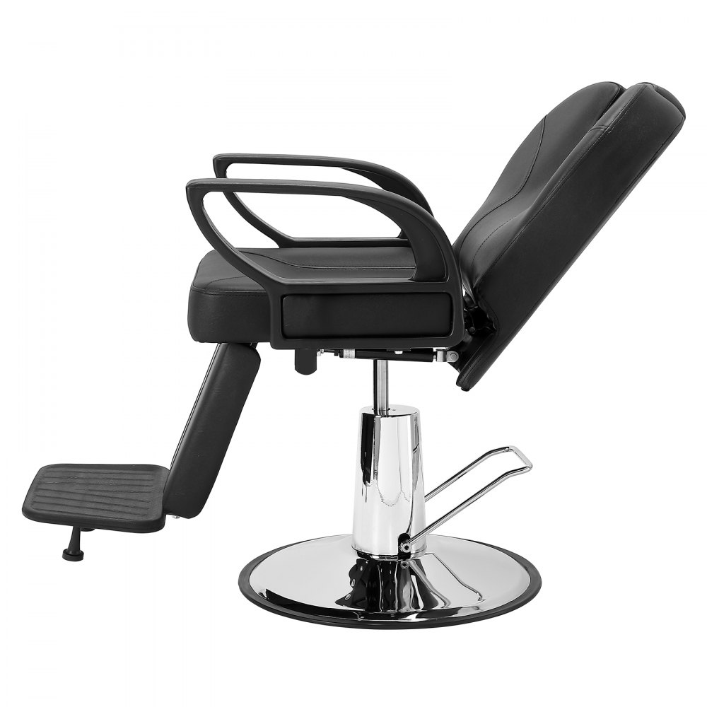 black VEVOR salon chair with footrest, hydraulic adjustable base, and reclining backrest.
