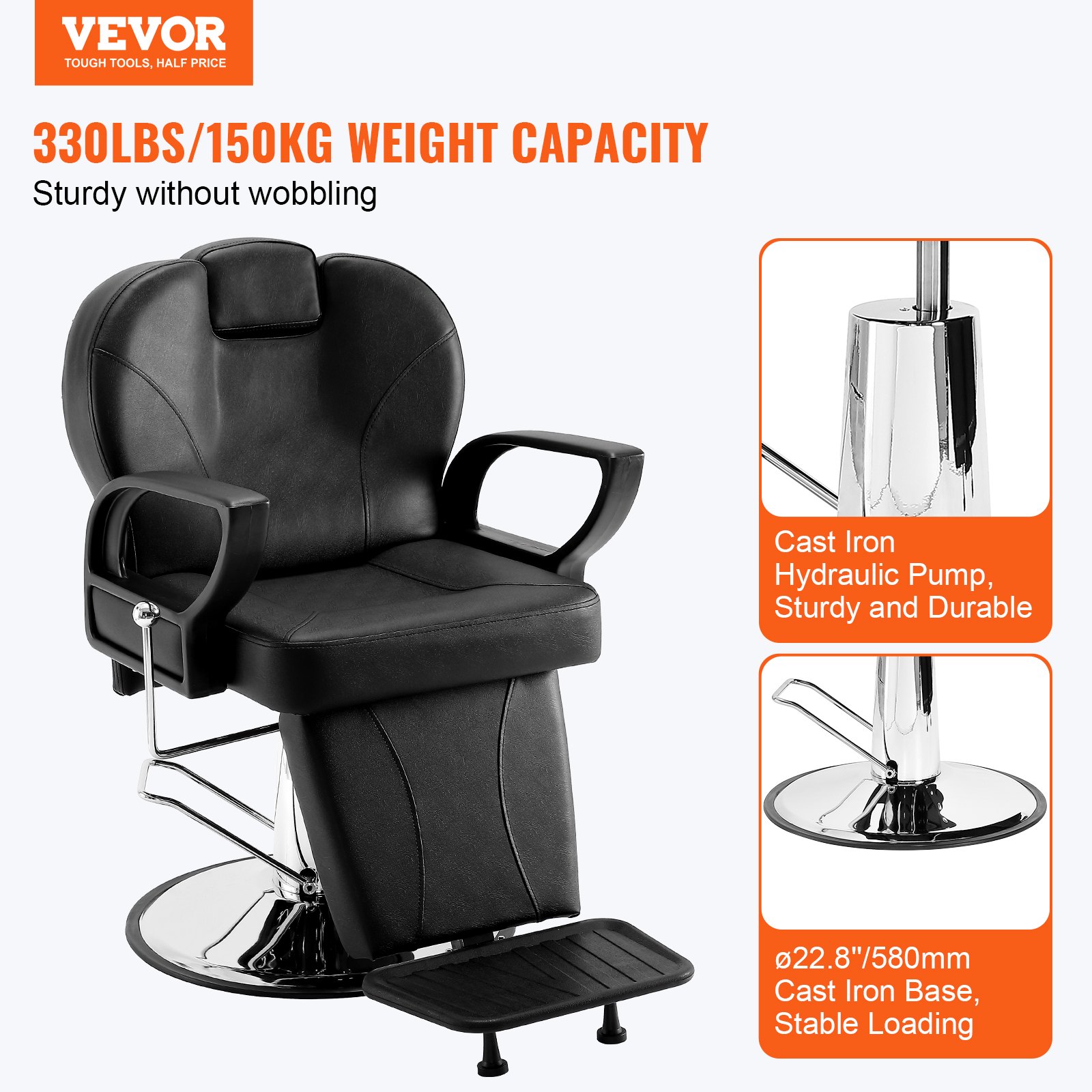 VEVOR salon chair with 330lbs/150kg weight capacity, cast iron base, and hydraulic pump for stability.