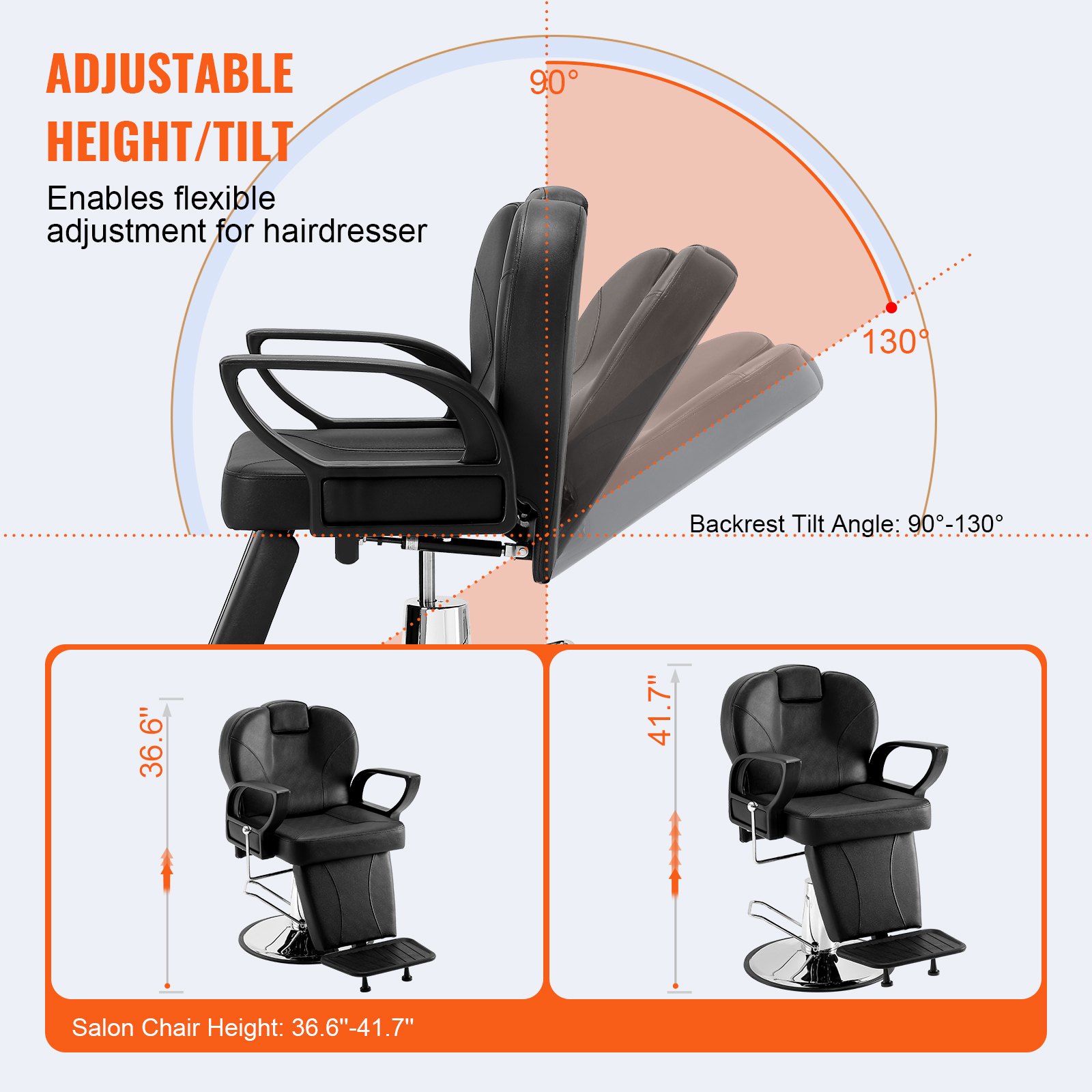 VEVOR salon chair with adjustable height (36.6&quot;-41.7&quot;) and tilt backrest (90°-130°) for flexible use.