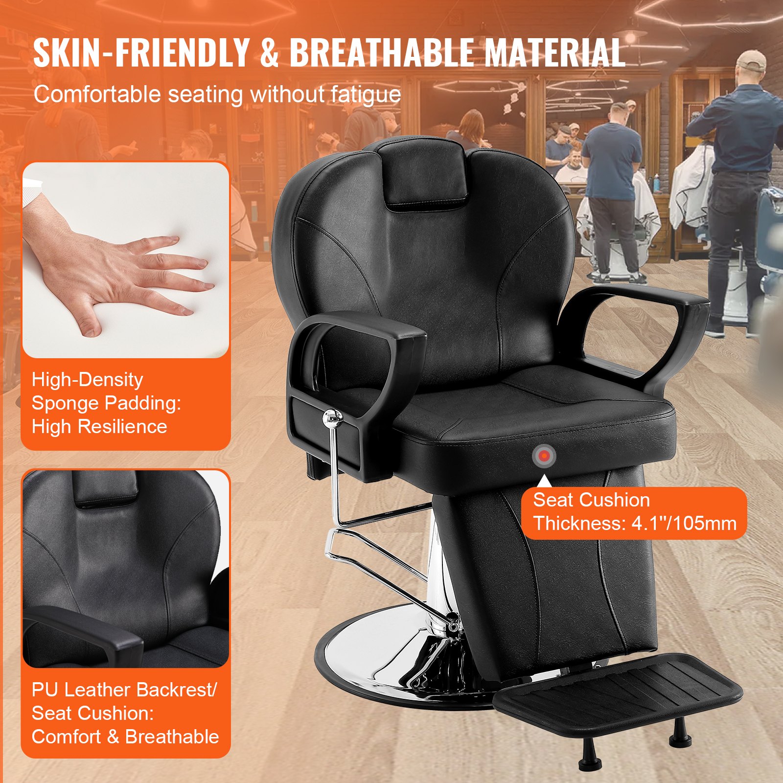 black VEVOR salon chair with pu leather, high-density sponge padding, and 4.1-inch thick seat cushion.
