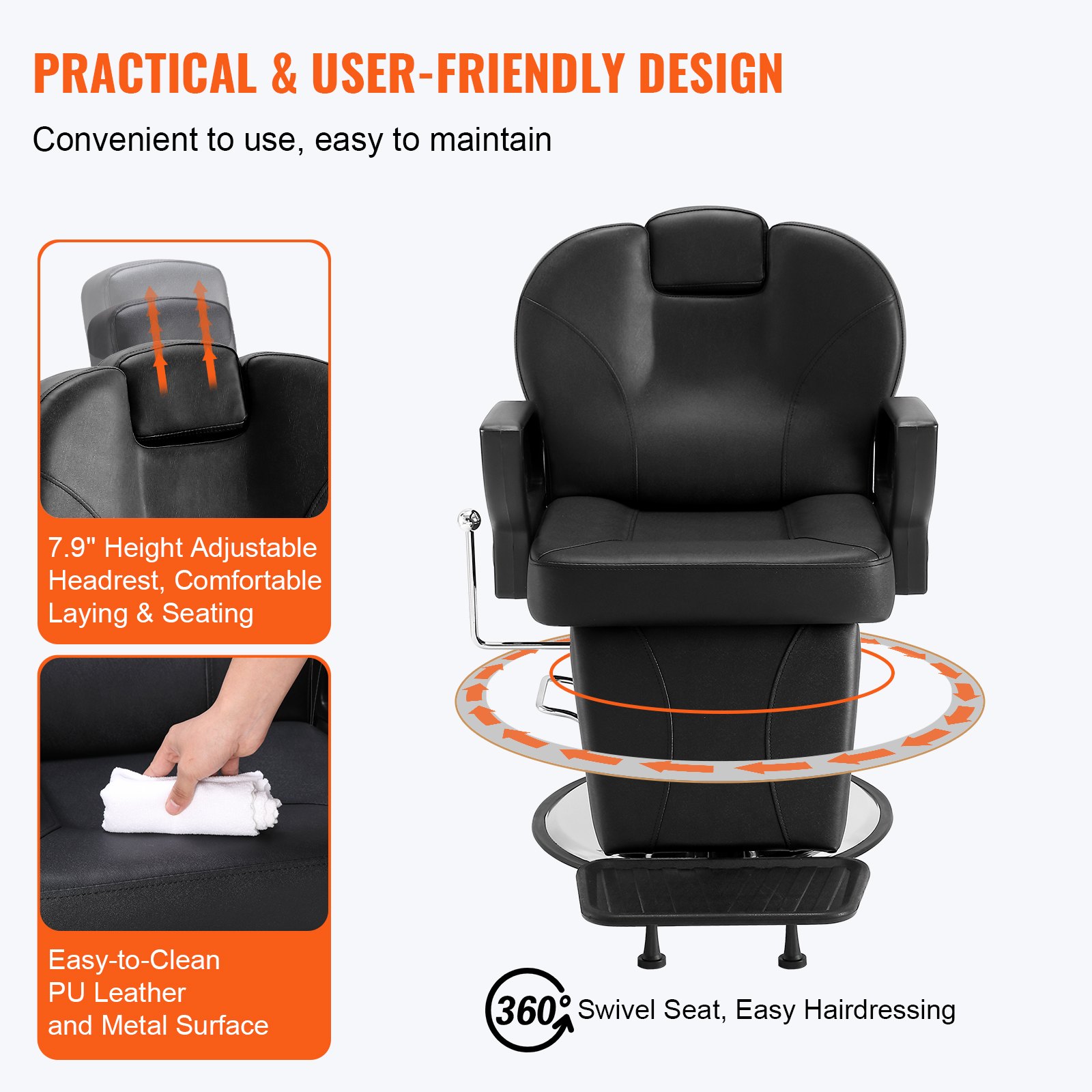 VEVOR salon chair with adjustable headrest, easy-to-clean pu leather, and 360-degree swivel seat.