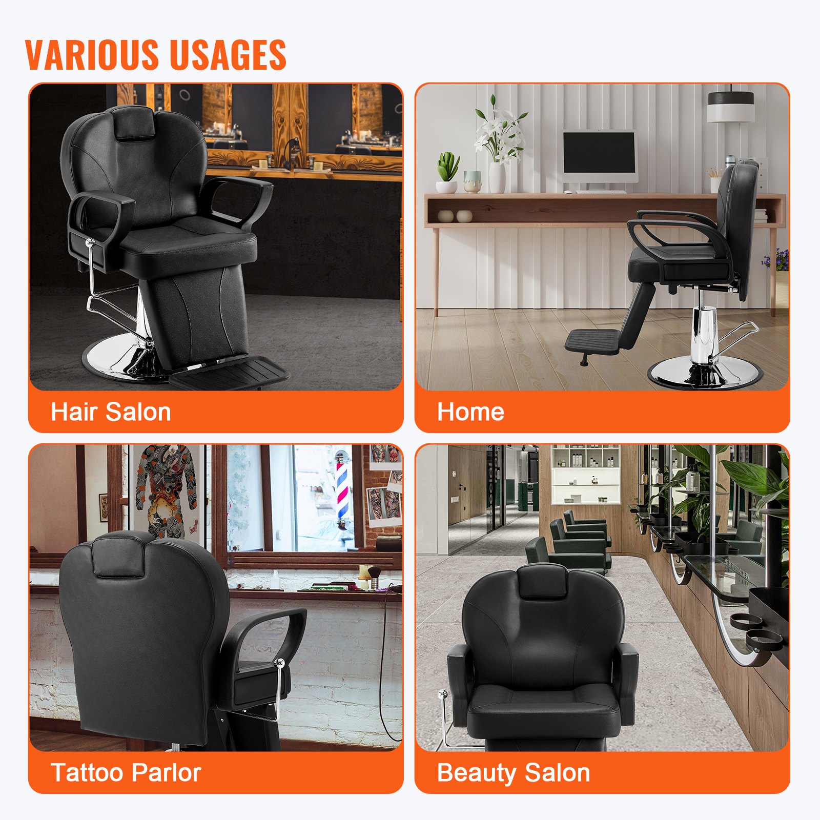 VEVOR salon chair in different settings: hair salon, home, tattoo parlor, and beauty salon. various usages.