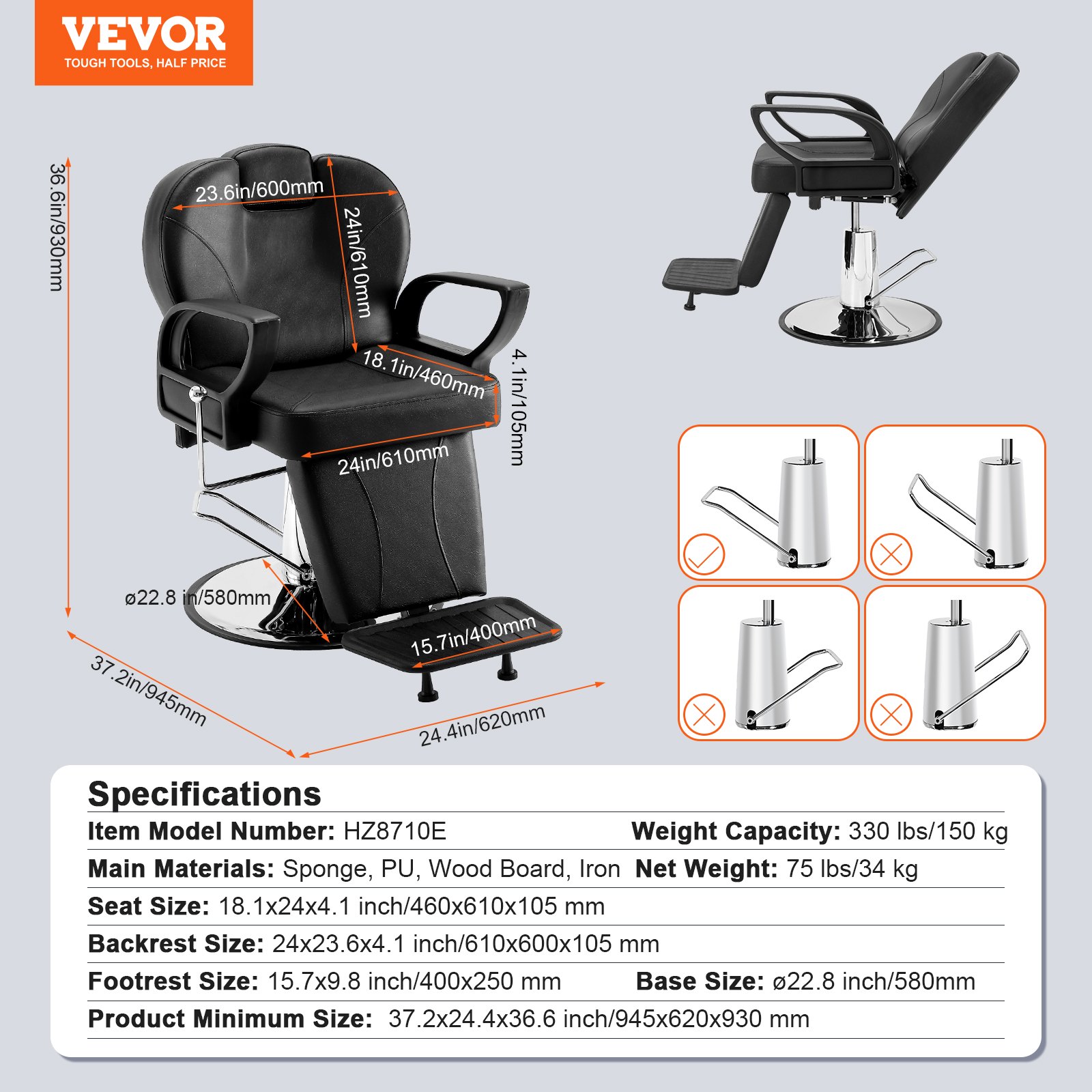 VEVOR salon chair with detailed measurements and specifications, featuring black cushioning and adjustable parts.